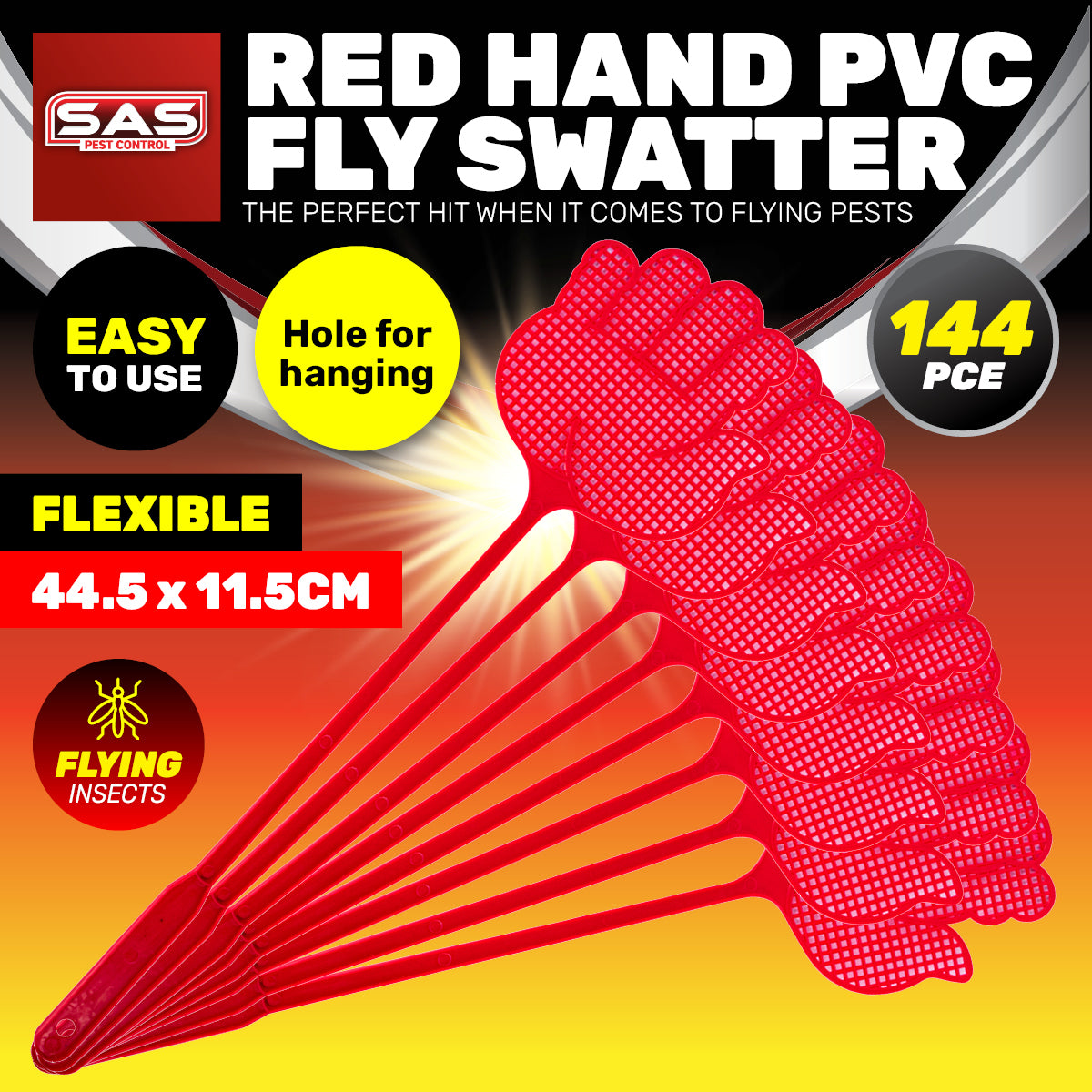 SAS Pest Control 144PCE Fly Swatters Flexible Durable Long Handle 44.5cm
