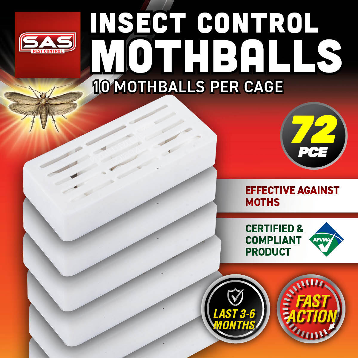 SAS Pest Control 72PCE Mothballs In Plastic Casing Fast Acting 35g