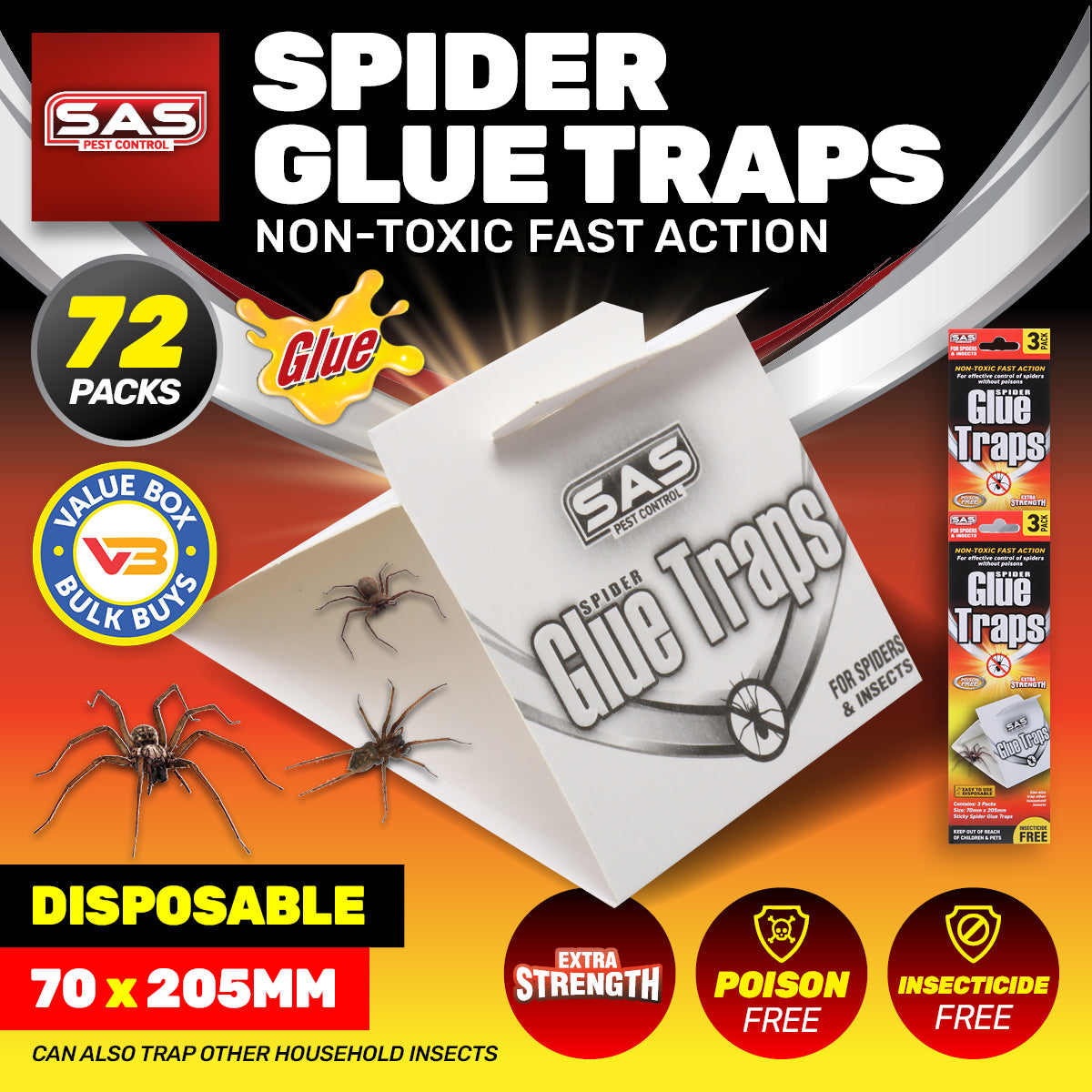 SAS Pest Control 72PCE Spider Traps Disposable Non-Toxic 70mm x 205mm
