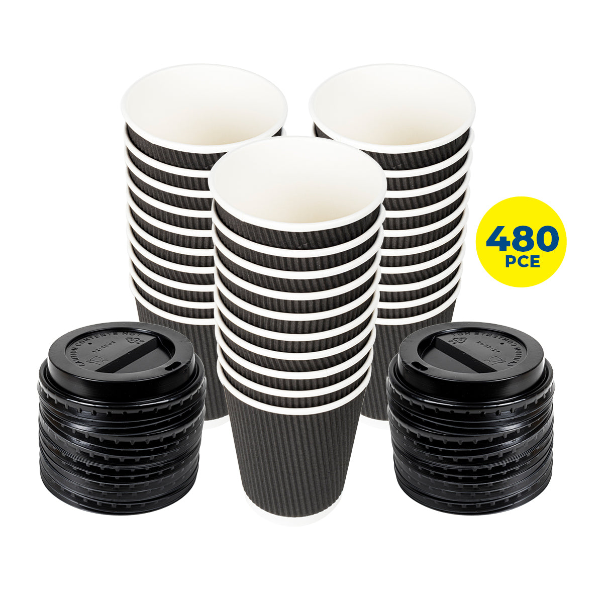 Party Central 480PCE Coffee Cups Matching Lids Disposable Triple Layer 350ml