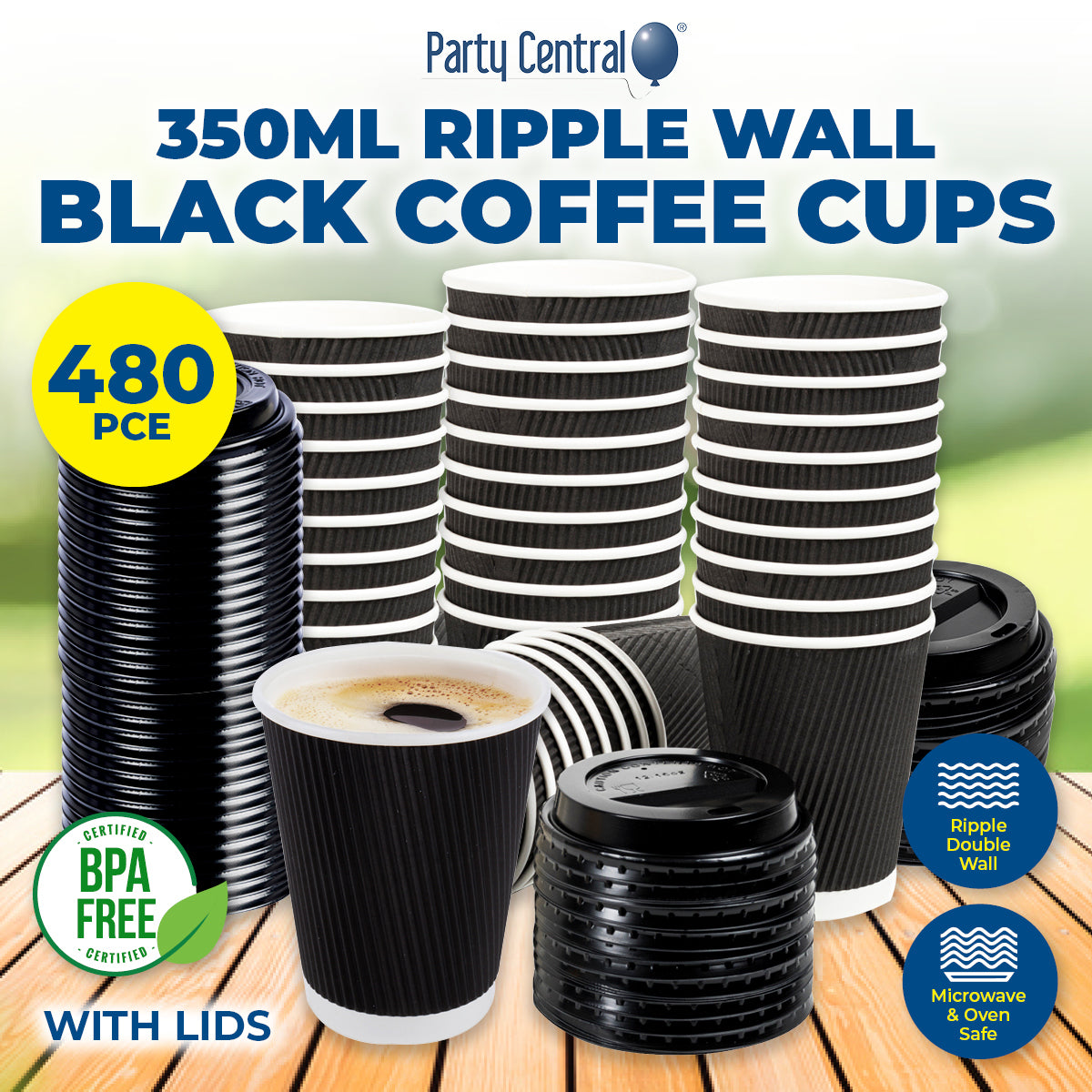 Party Central 480PCE Coffee Cups Matching Lids Disposable Triple Layer 350ml