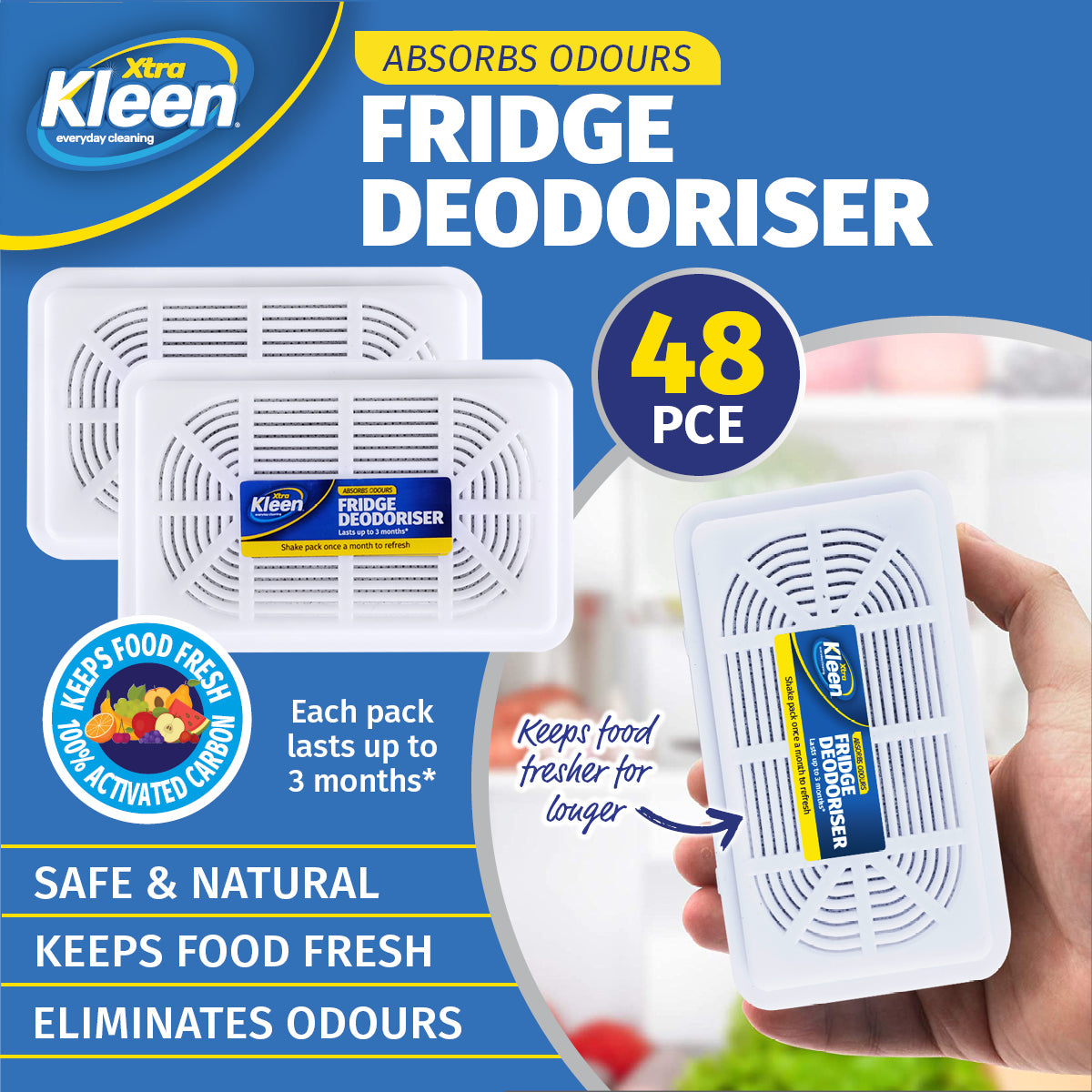 Xtra Kleen 48PCE Fridge Deodoriser Safe Natural Eliminate Odours Long Lasting