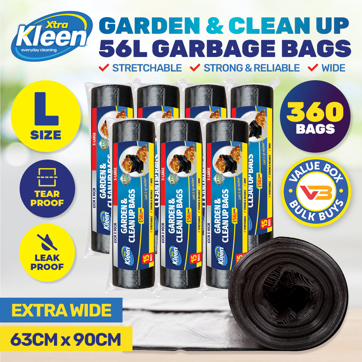 Xtra Kleen 360PCE 56L Garbage Bin Liners Large Tear & Leak Proof 63 x 90cm