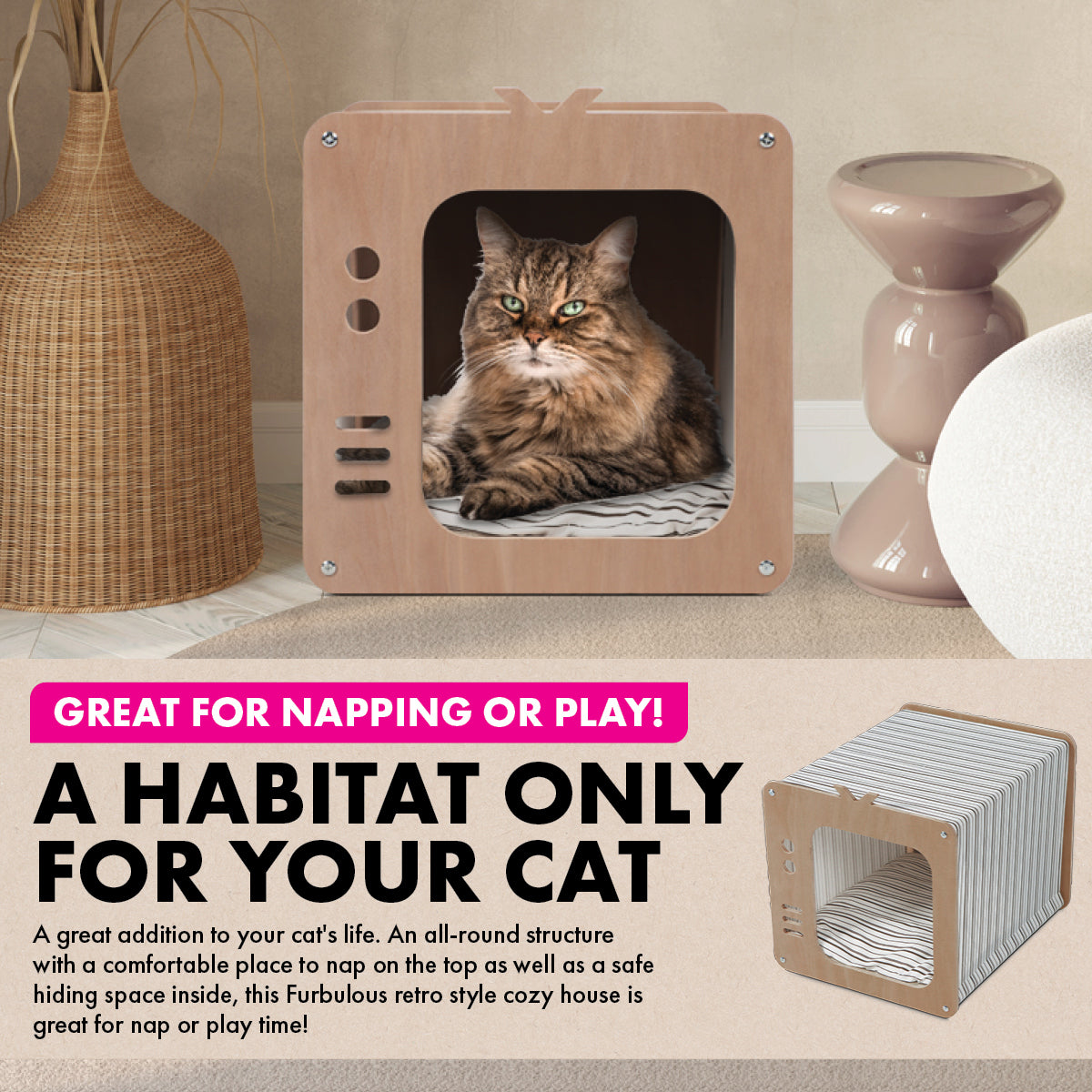 Pet Basic Retro TV Cozy Cat House Waterproof Mattress 39 x 47 x 38cm