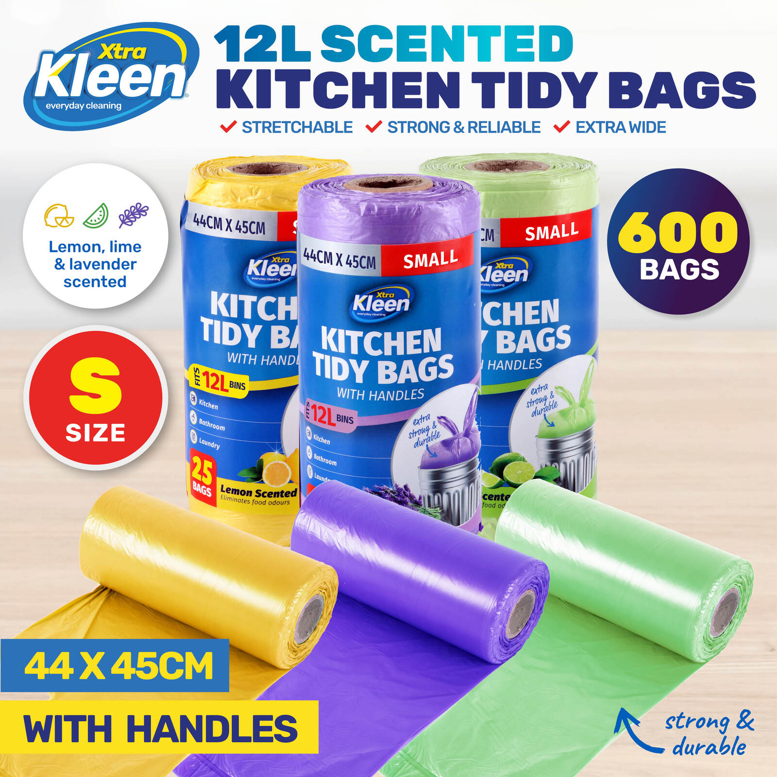 Xtra Kleen 600PCE Scented Kitchen Tidy 12L Garbage Bag Handles Small 44 x 45cm