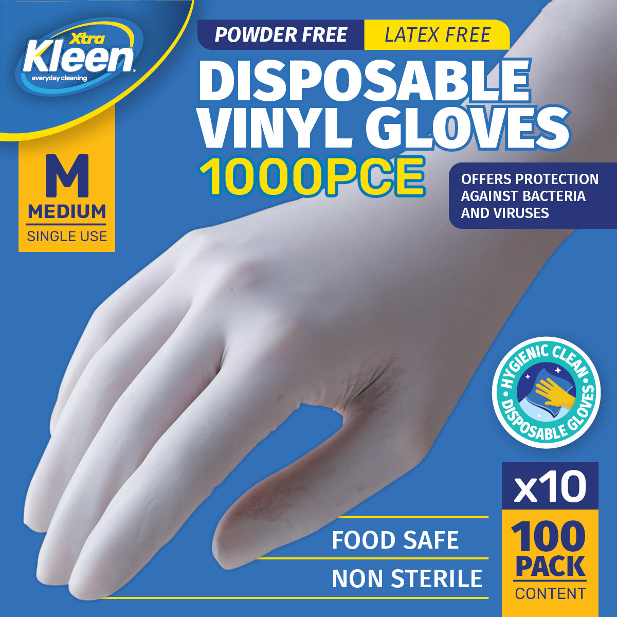 Xtra Kleen 1000PCE Disposable Gloves Latex & Powder Free Food Safe M Size