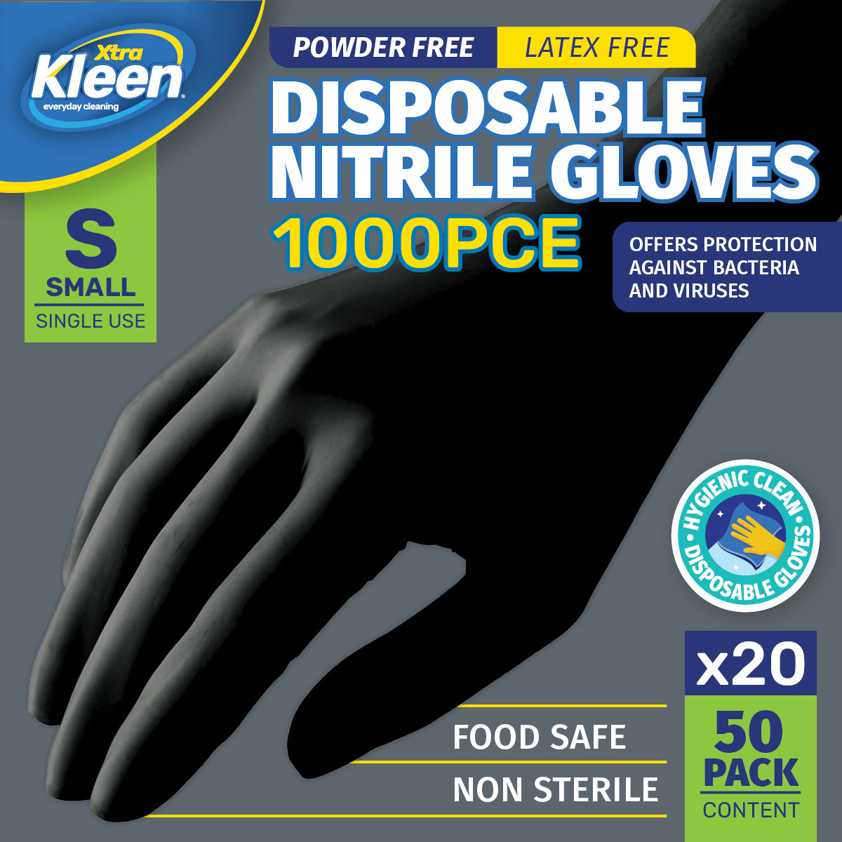 Xtra Kleen 1000PCE Disposable Nitrile Gloves Black Latex Powder Free Size S