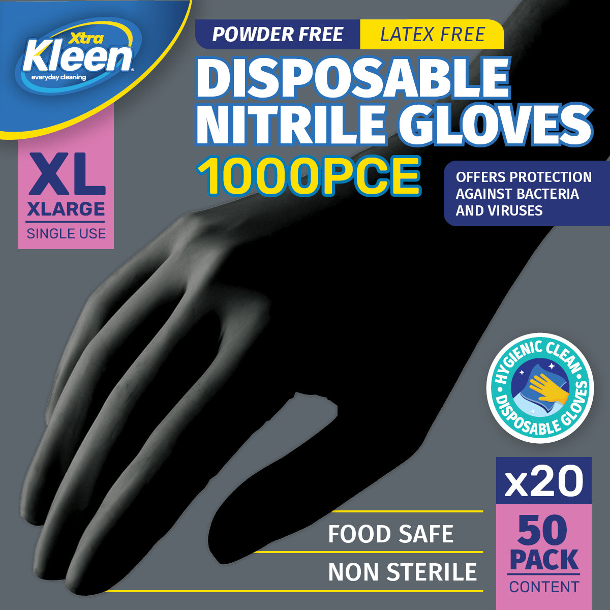 Xtra Kleen 1000PCE Disposable Nitrile Gloves Black Latex Powder Free Size XL