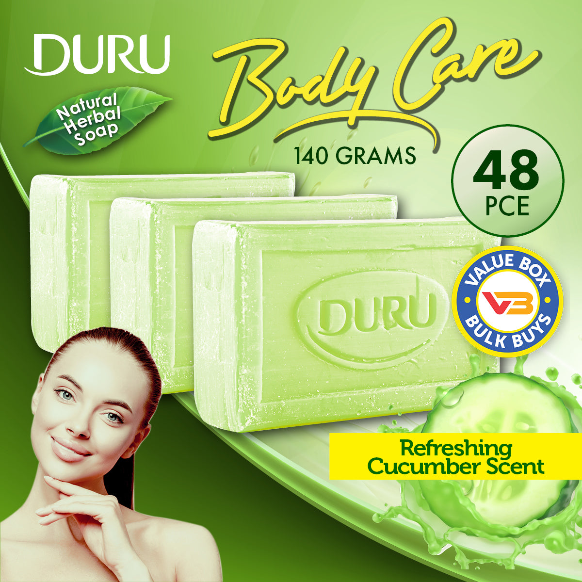 Duru 48PCE Body Bar Soap Refreshing Cucumber Scent Natural Herbal Blend 140g