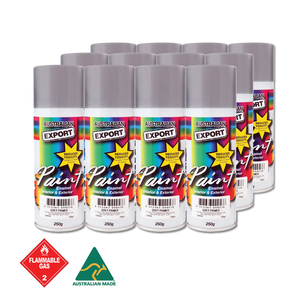 Australian Export 12PK 250gm Aerosol Spray Paint Cans [Colour: Grey Primer]