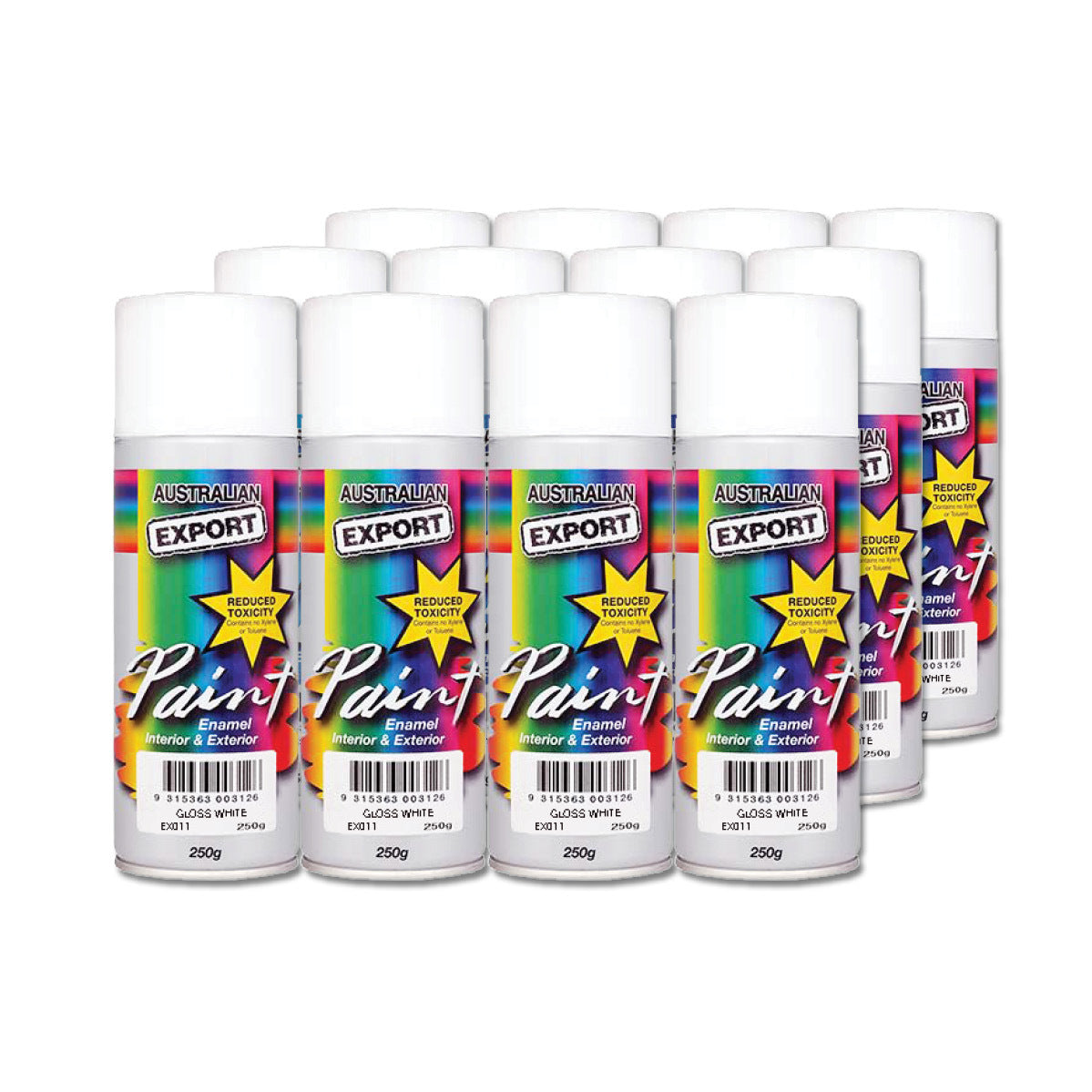 Australian Export 12PK 250g Aerosol Spray Paint Cans [Colour: White - Gloss]