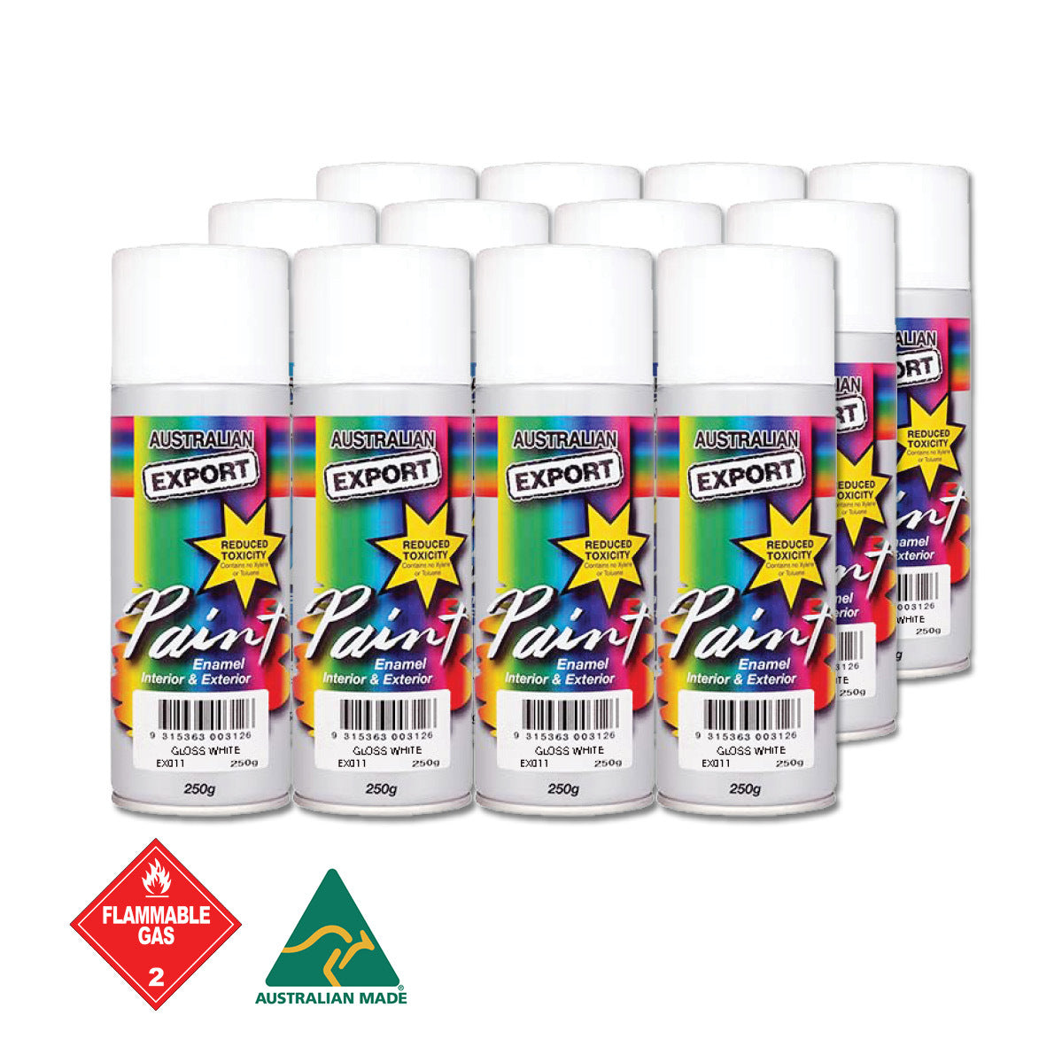 Australian Export 12PK 250g Aerosol Spray Paint Cans [Colour: White - Gloss]