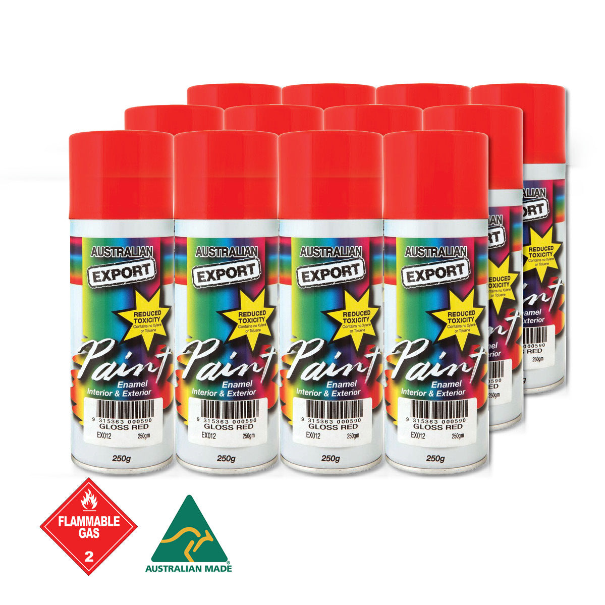 Australian Export 12PK 250gm Aerosol Spray Paint Cans  [Colour: Red - Gloss]