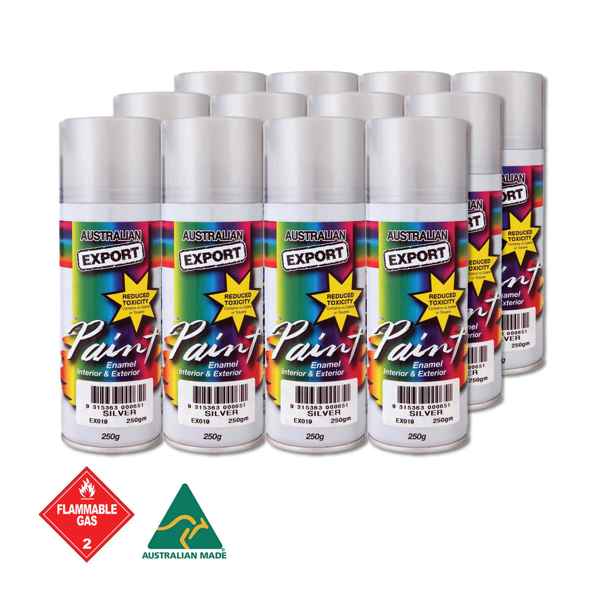 Australian Export 12PK 250gm Aerosol Spray Paint Cans [Colour: Silver]