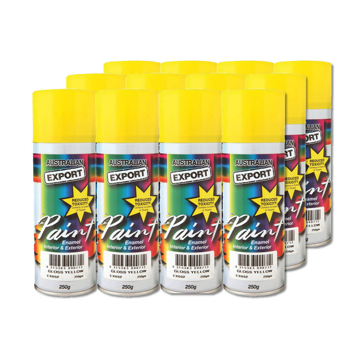 Australian Export 12PK 250gm Aerosol Spray Paint Cans  [Colour: Yellow Gloss]