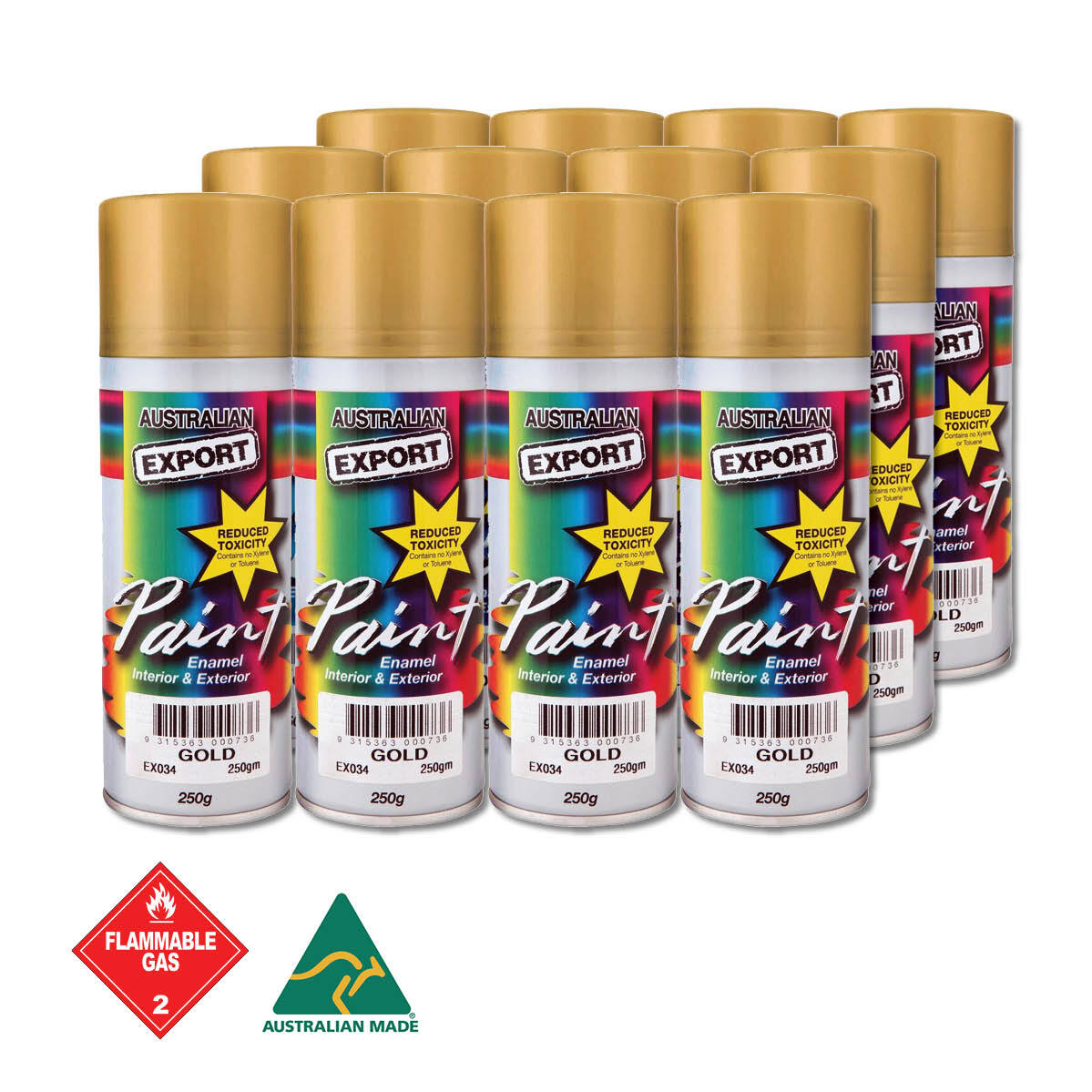 Australian Export 12PK 250gm Aerosol Spray Paint Cans [Colour: Gold]