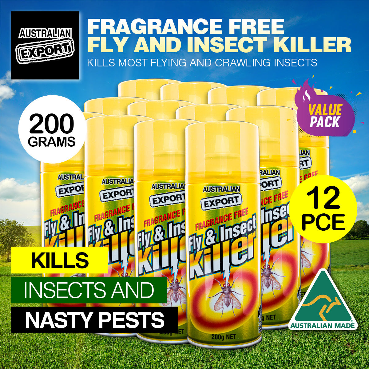 Australian Export 12PCE Fly/Insect Spray Fragrance Free 200gm Indoor/Outdoor