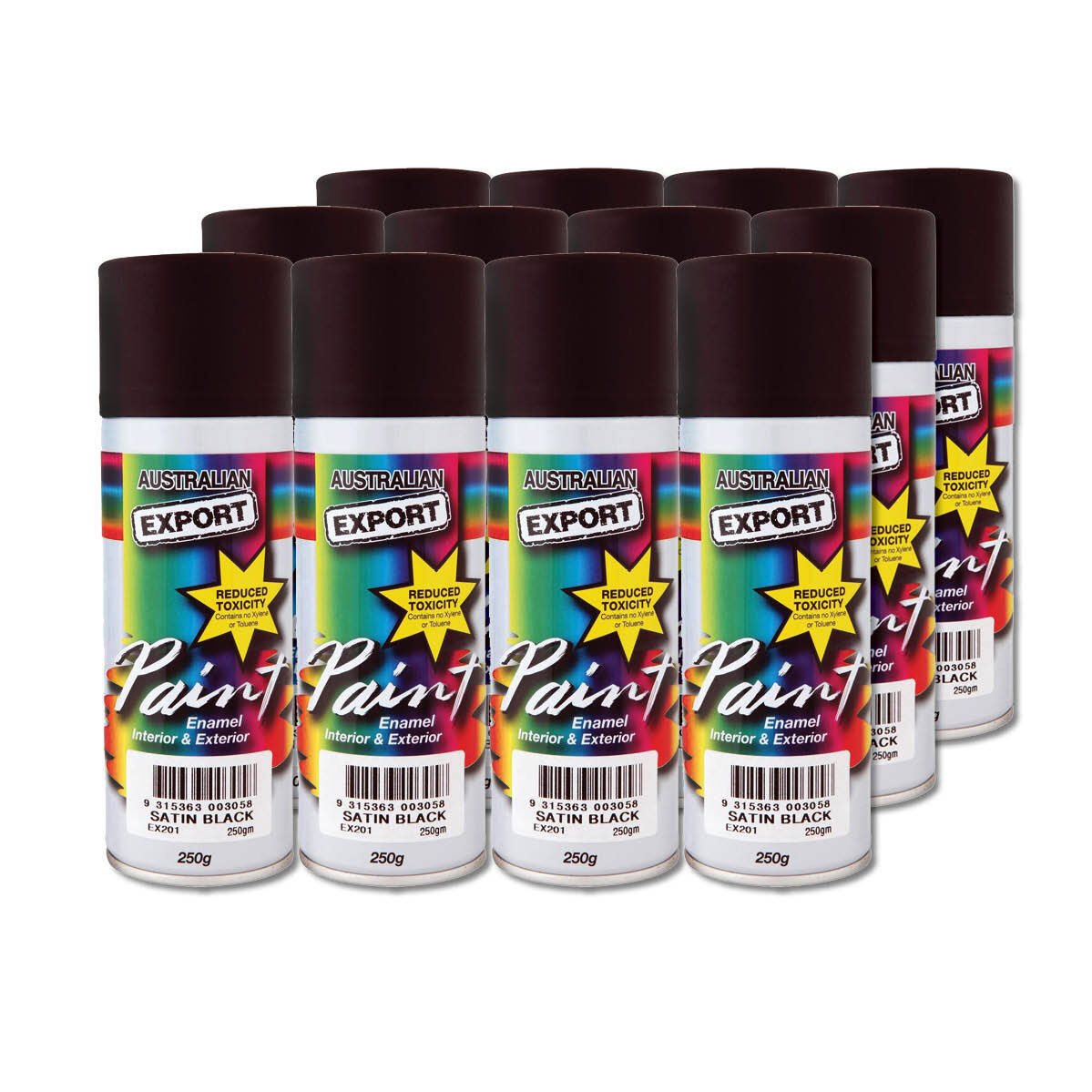 Australian Export 12PK 250gm Aerosol Spray Paint Cans [Colour: Black - Satin]