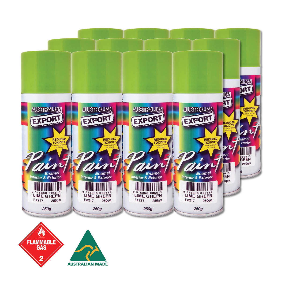 Australian Export 12PK 250gm Aerosol Spray Paint Cans [Colour: Lime Green]