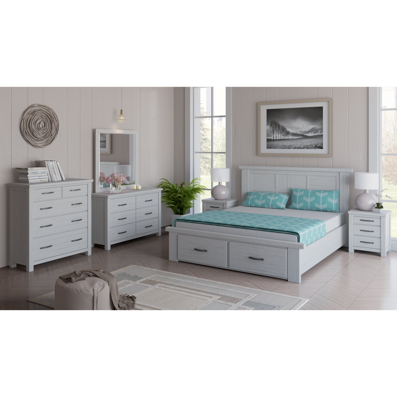 Foxglove Bed Frame Double Size Wood Mattress Base With Storage Drawers - White