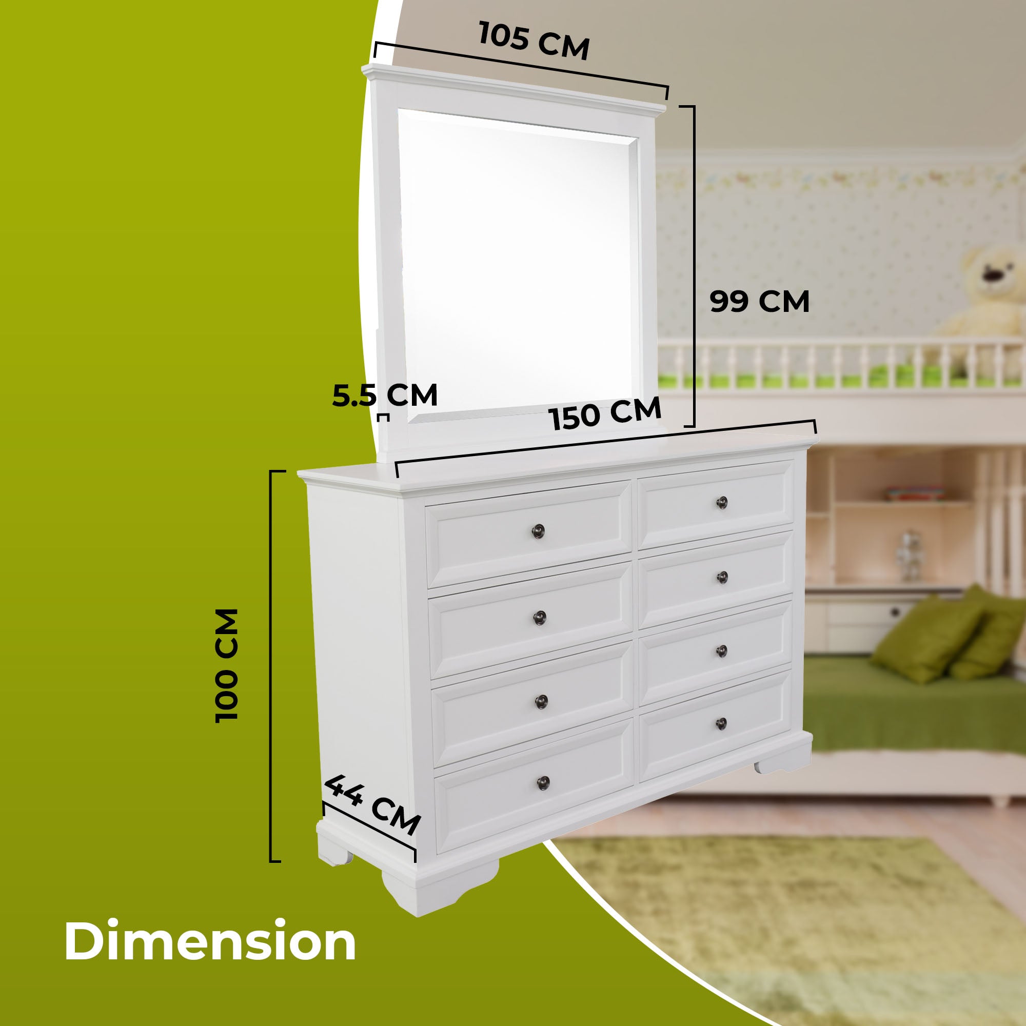 Celosia 4pc Bedside Dresser Mirror Bedroom Chest of Drawers Set Cabinet - White