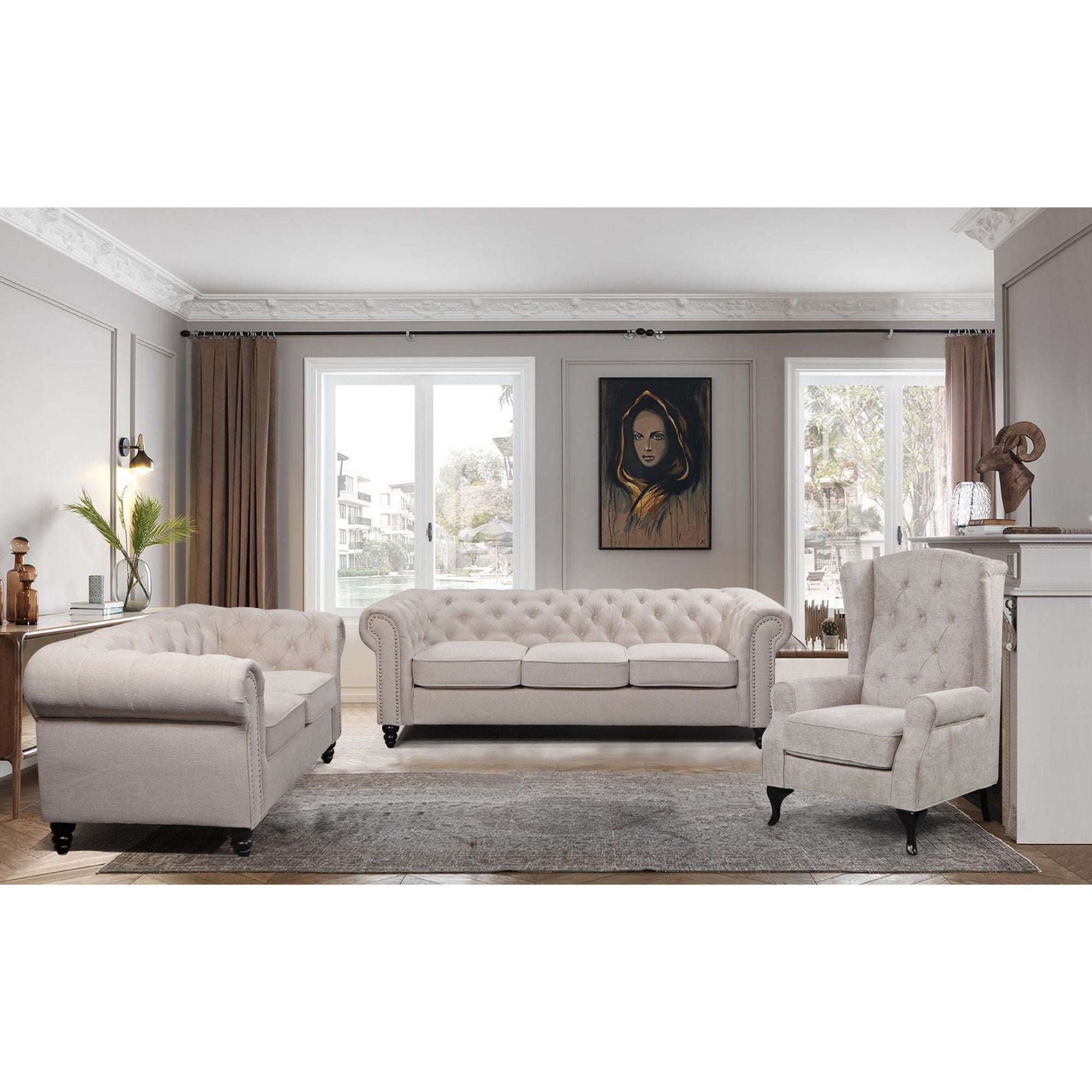 Mellowly 3 + 2 Seater Sofa Fabric Uplholstered Chesterfield Lounge Couch - Beige
