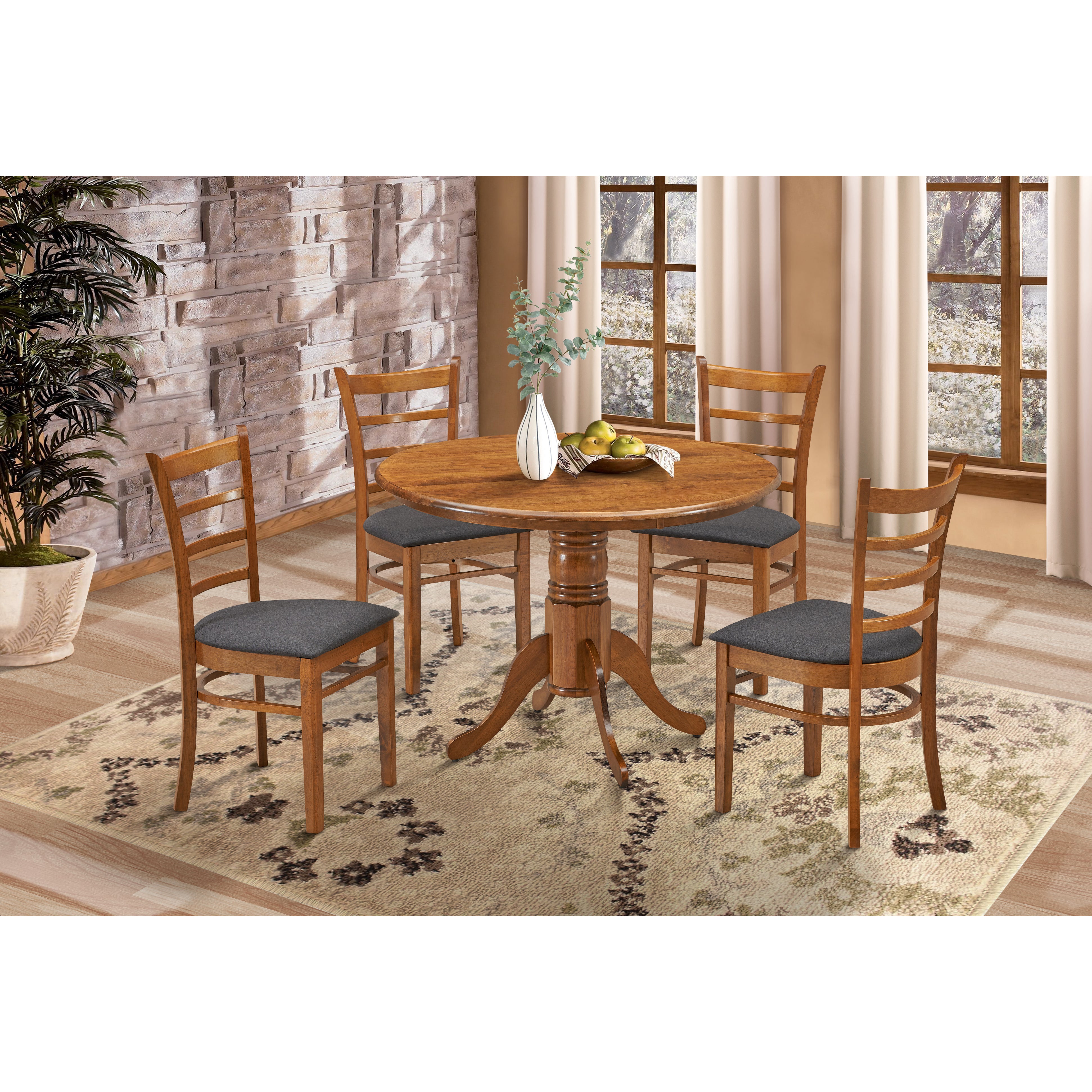 Linaria 5pc Dining Set 106cm Round Pedestral Table 4 Fabric Seat Chair - Walnut