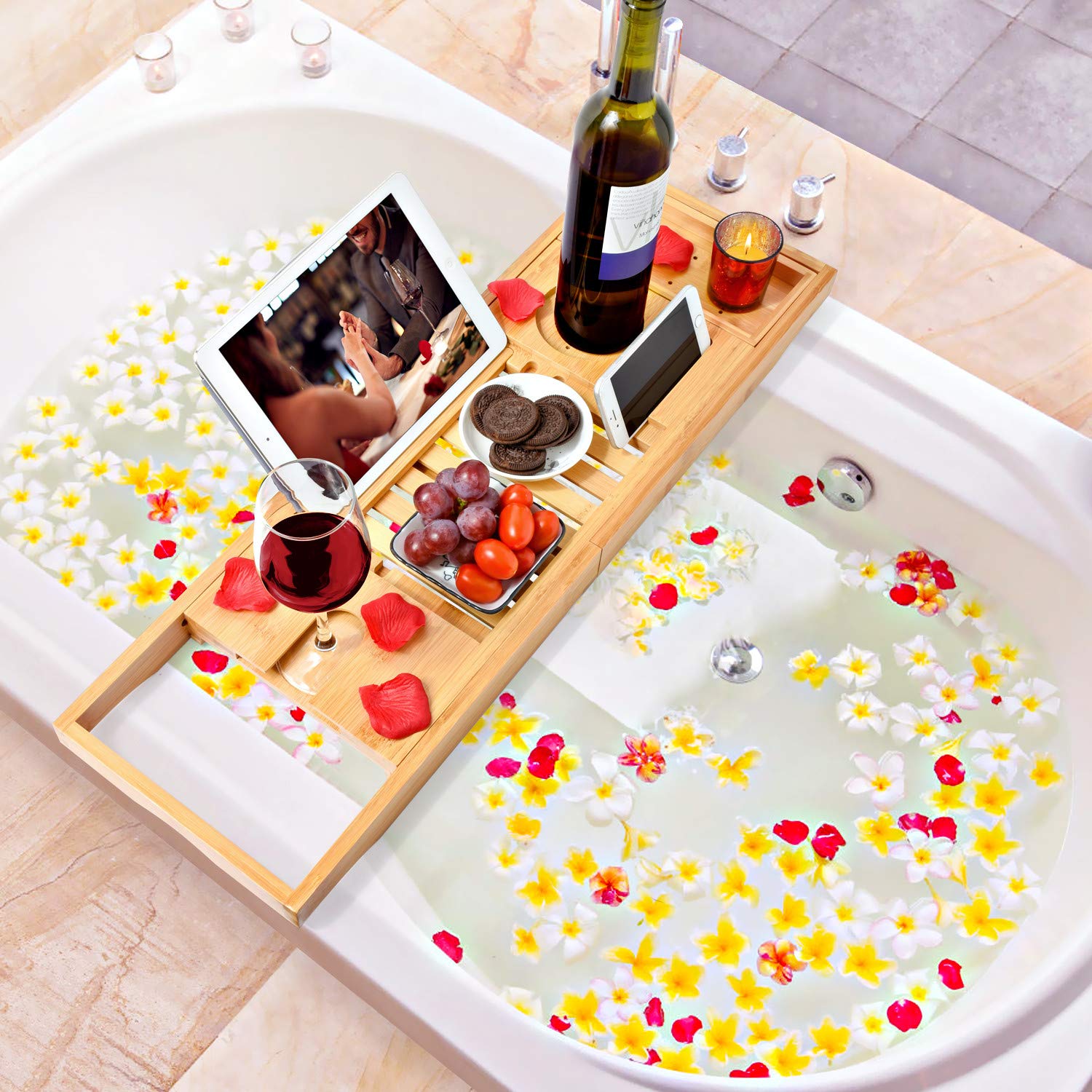 Bamboo Bathtub Bath tub Tray Table Caddy Tray Cellphone,Book,Tray Wineglass Holder