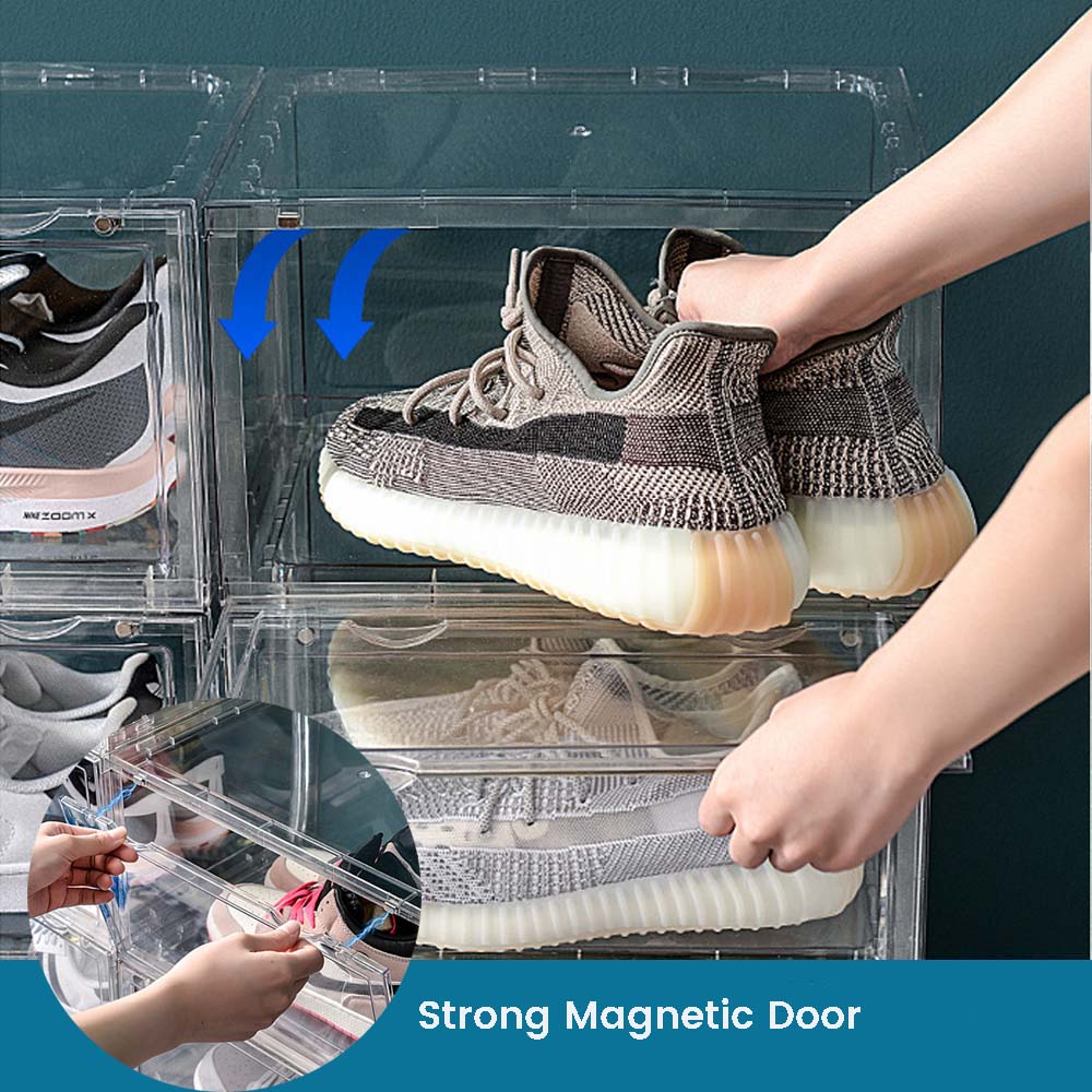 6 Pack Large Acrylic Shoe Box Storage Side Door Open Stackable Boxes Transparent Clear Display Case