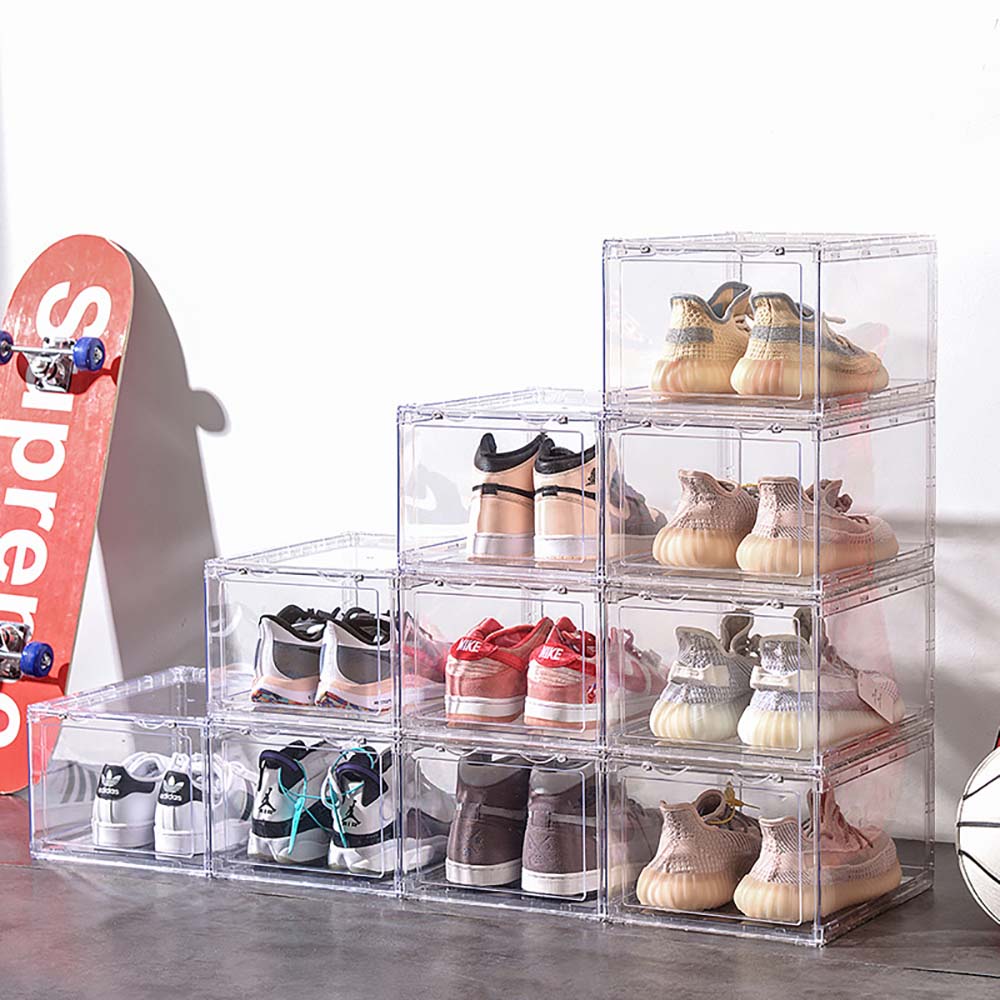 6 Pack Large Acrylic Shoe Box Storage Side Door Open Stackable Boxes Transparent Clear Display Case