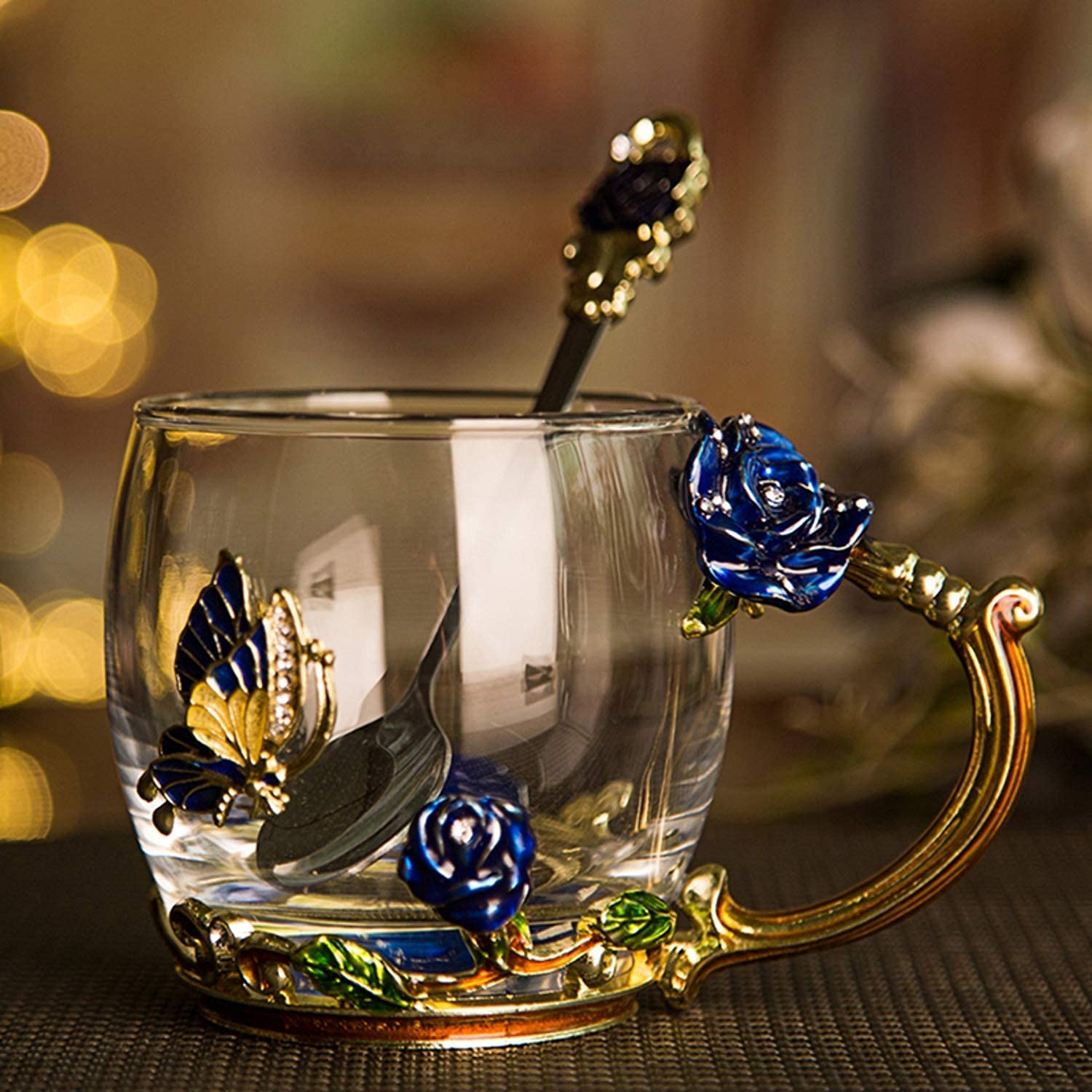 Hand Made Enamel daisy Flower Glass Coffee Mug Tea Cup Spoon Gift Idea