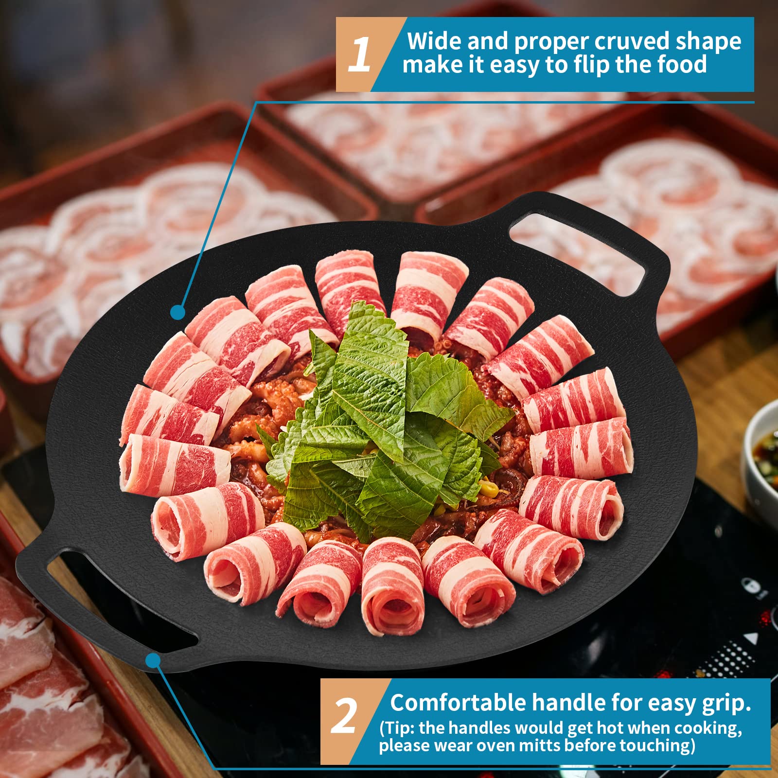 Korean Grill Pan Nonstick 6 Layer 40cm Round BBQ Griddle Indoor or Outdoor Cooking
