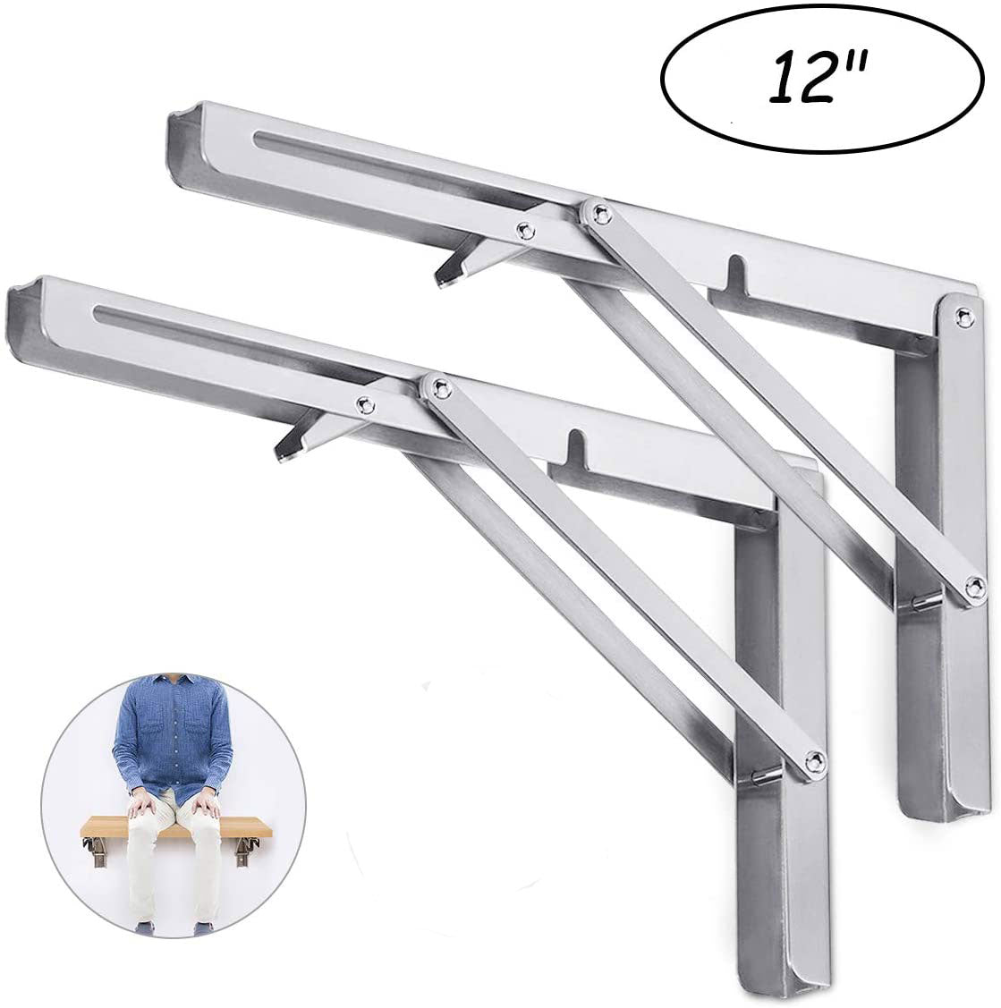 2PCS 12inch Steel Wall Mounted Folding Triangle Angle Shelf Support Bracket Rack