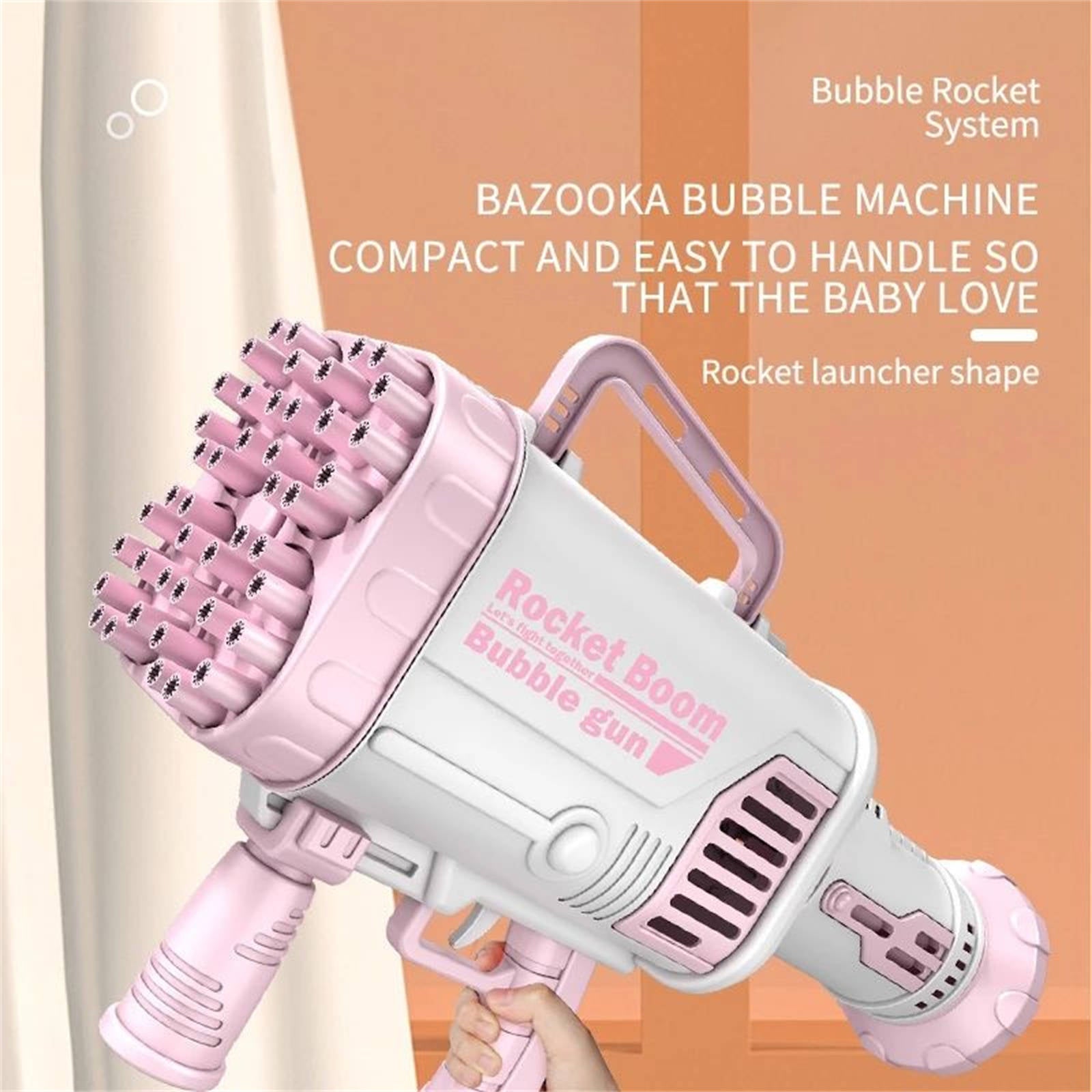 Bubblerainbow 64 Hole Electric Bubble Machine Hand-Held Rocket Gatling Bubble Gun Toy Pink