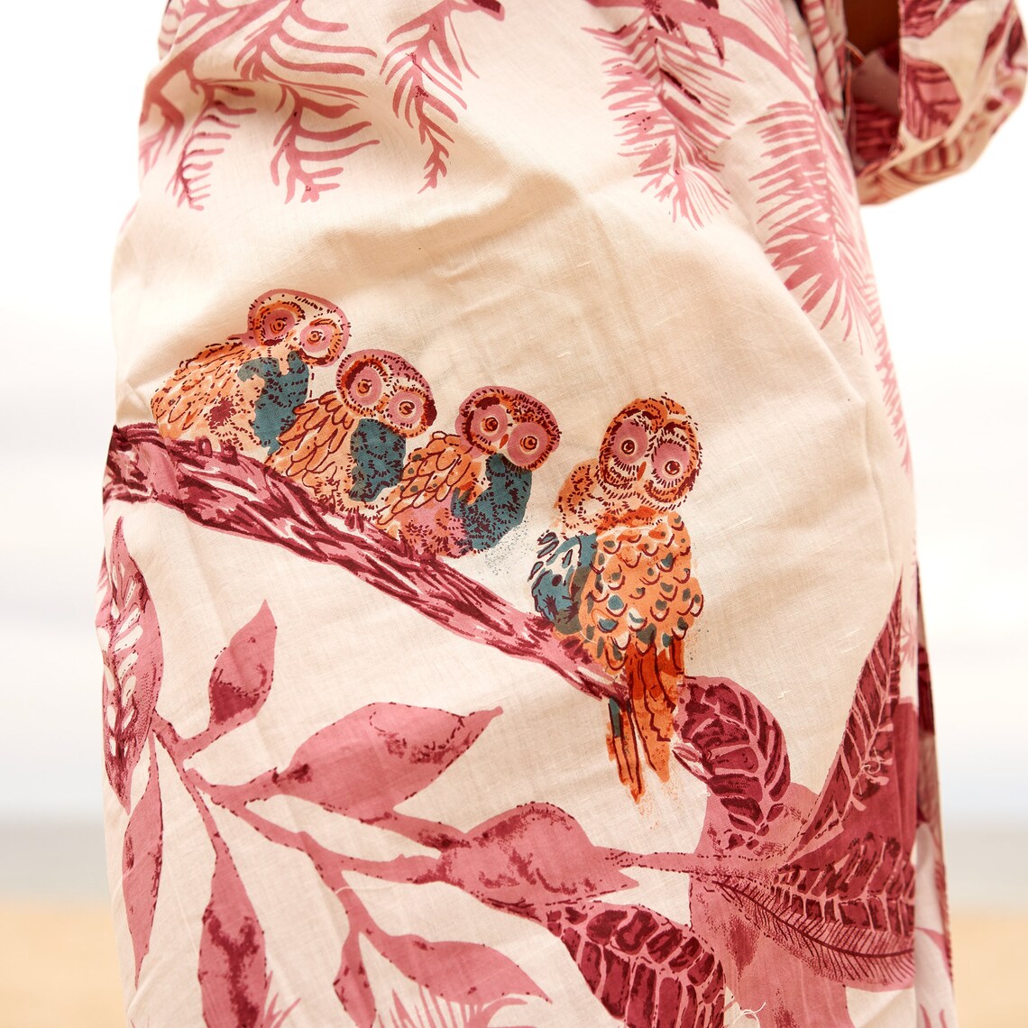 Kimono Cotton Kimono Bathrobe Frida Valentines Day GiftBird Bathrobe Turkish Bathrobe Cardigan Nightwear Dressing Gown - Pink Owl
