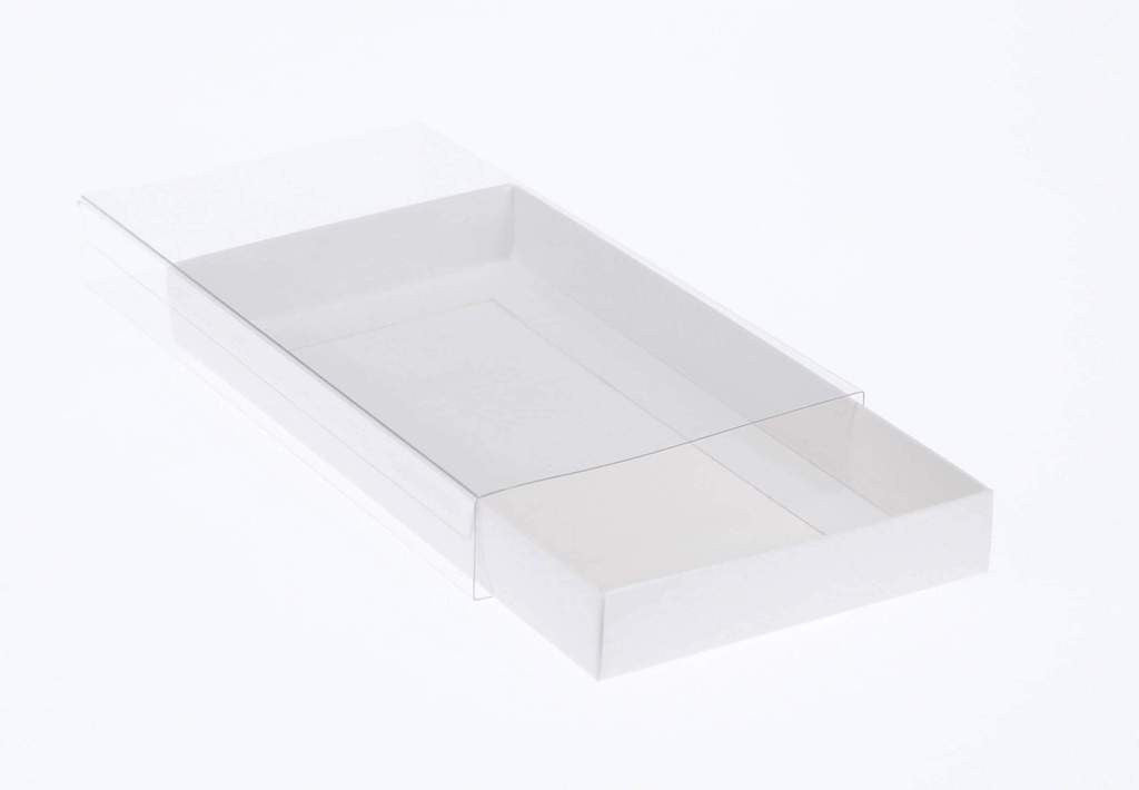 10 Pack of White Card Box - Clear Slide On Lid - 25 x 25 x 6cm - Large Beauty Product Gift Giving Hamper Tray Merch Fashion Cake Sweets Xmas