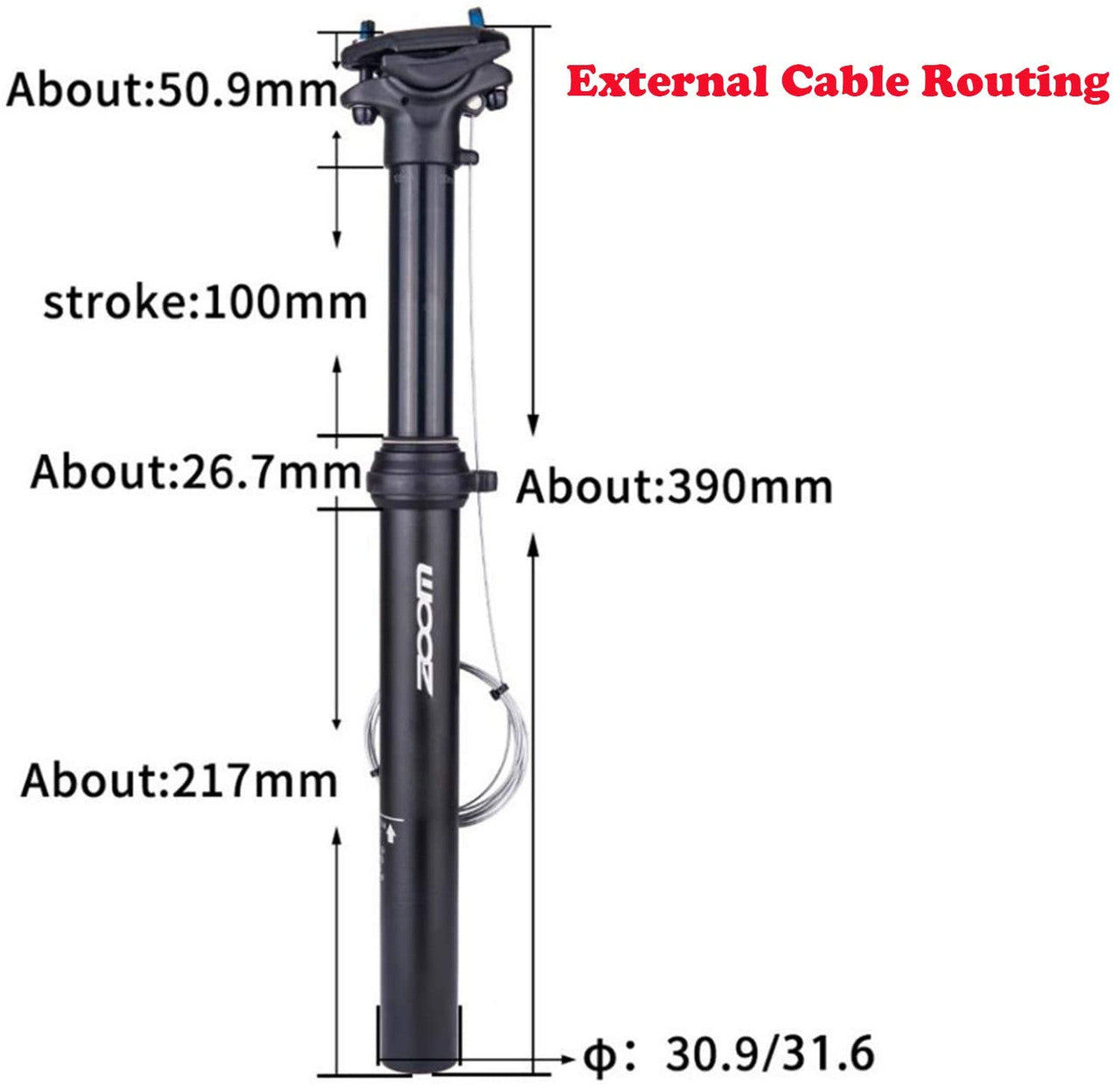 ZOOM SPD-801 Dropper Seatpost Adjustable Height via Thumb Remote Lever - External Cable 30.9 Diameter 100mm Travel