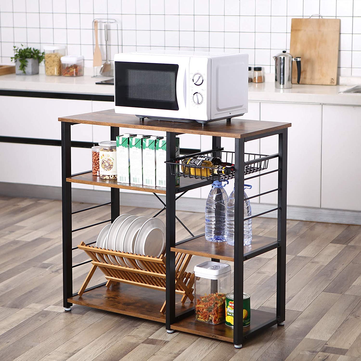 VASAGLE Kitchen Storage Shelves with Wire Basket and 6 S-Hooks