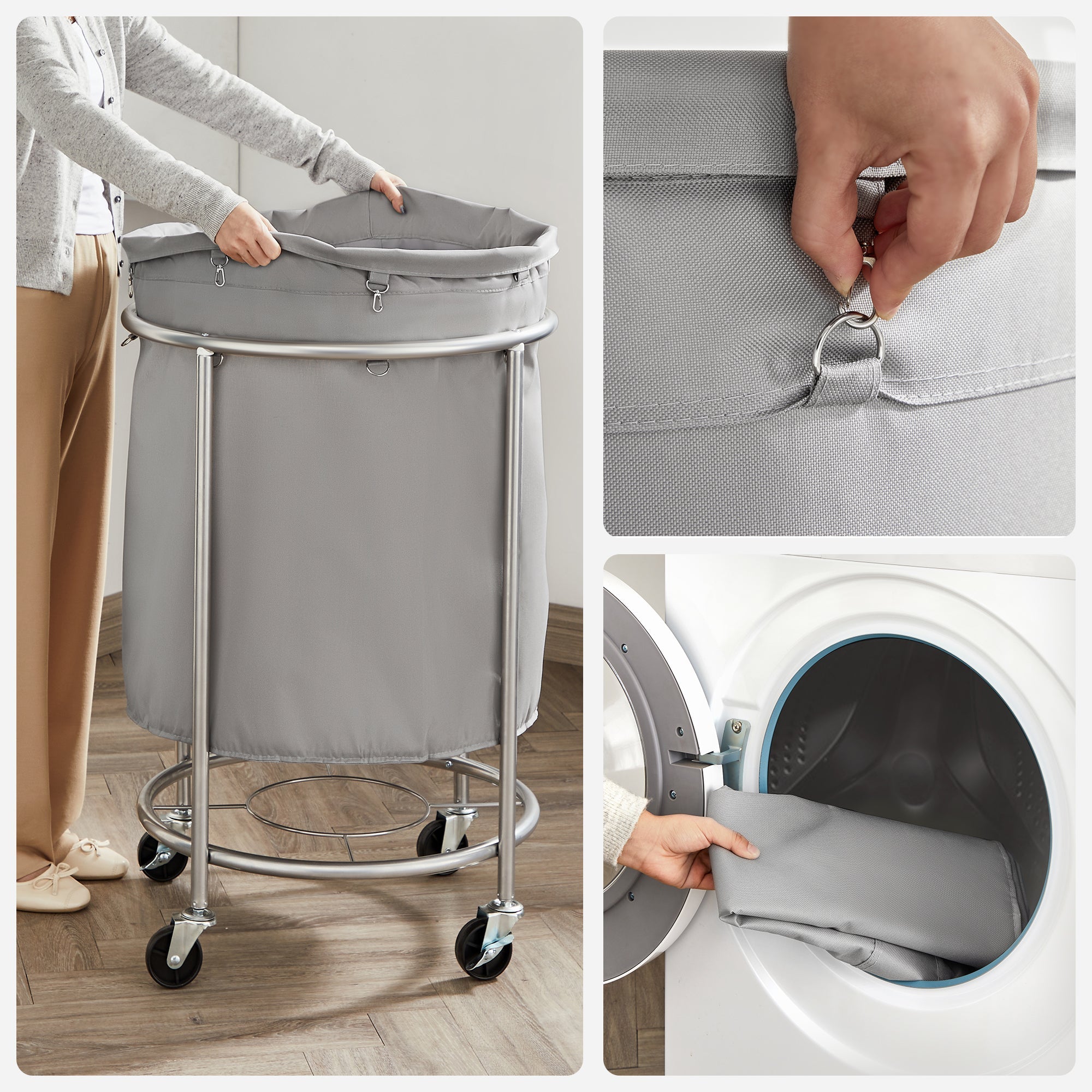 SONGMICS Laundry Basket with Wheels Gray and Silver