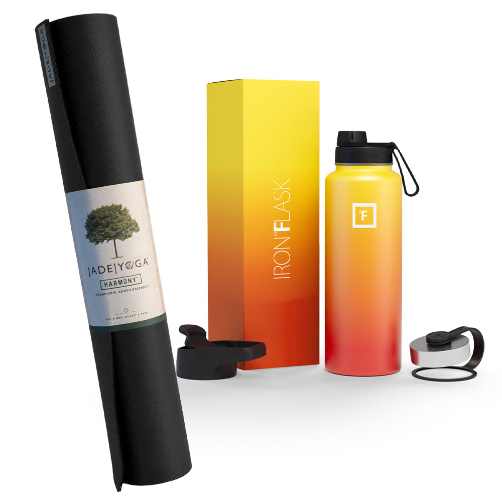 Jade Yoga Harmony Mat- Black & Iron Flask Wide Mouth Bottle with Spout Lid, Fire, 40oz/1200ml Bundle