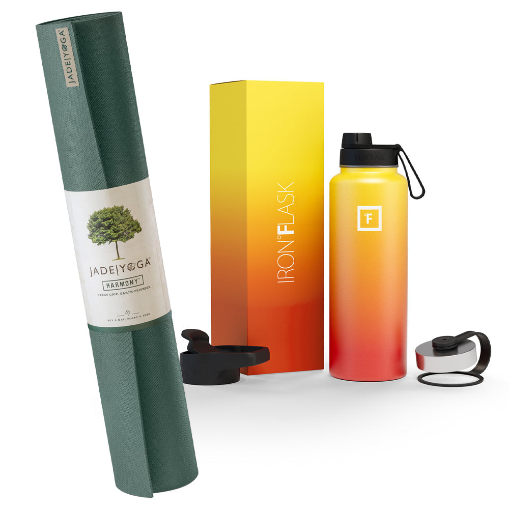 Jade Yoga Harmony Mat - Jade Green & Iron Flask Wide Mouth Bottle with Spout Lid, Fire, 40oz/1200ml Bundle