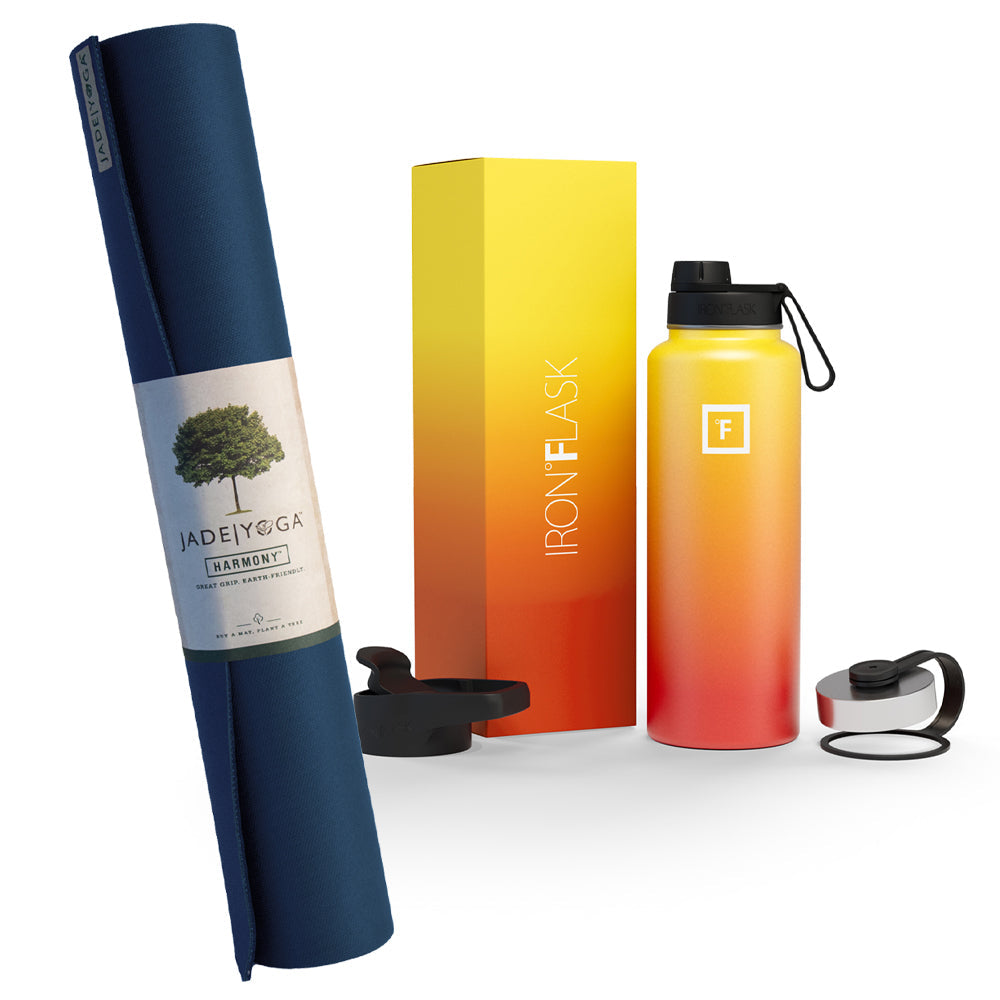 Jade Yoga Harmony Mat - Midnight & Iron Flask Wide Mouth Bottle with Spout Lid, Fire, 40oz/1200ml Bundle
