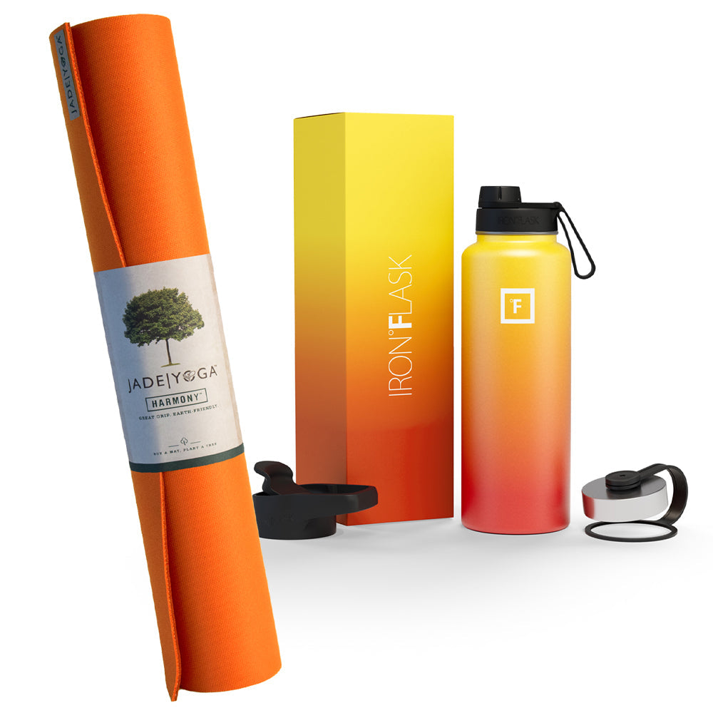 Jade Yoga Harmony Mat - Orange & Iron Flask Wide Mouth Bottle with Spout Lid, Fire, 40oz/1200ml Bundle