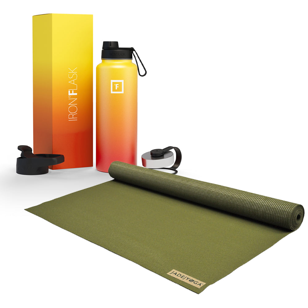 Jade Yoga Voyager Mat - Olive & Iron Flask Wide Mouth Bottle with Spout Lid, Fire, 40oz/1200ml Bundle