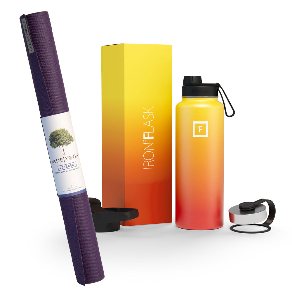 Jade Yoga Voyager Mat - Purple & Iron Flask Wide Mouth Bottle with Spout Lid, Fire, 40oz/1200ml Bundle