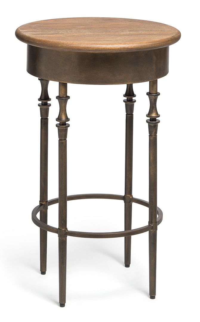 Wooden Round Side Table with Finial Legs in Dark French Brass Finish
