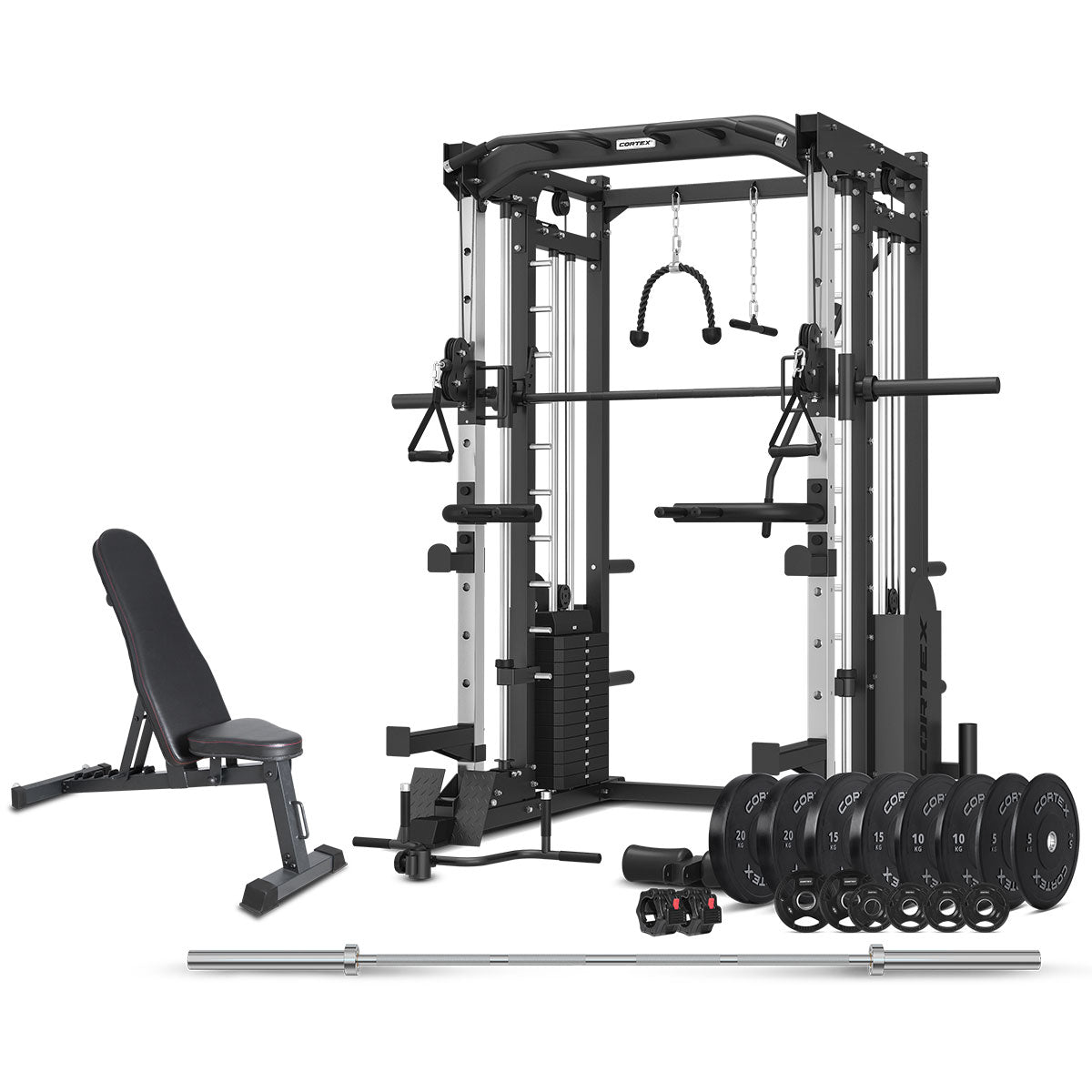 CORTEX SM-25 6-in-1 Power Rack with Smith & Cable Machine + BN6 Bench + 130kg Olympic Weight Plate & Barbell Package