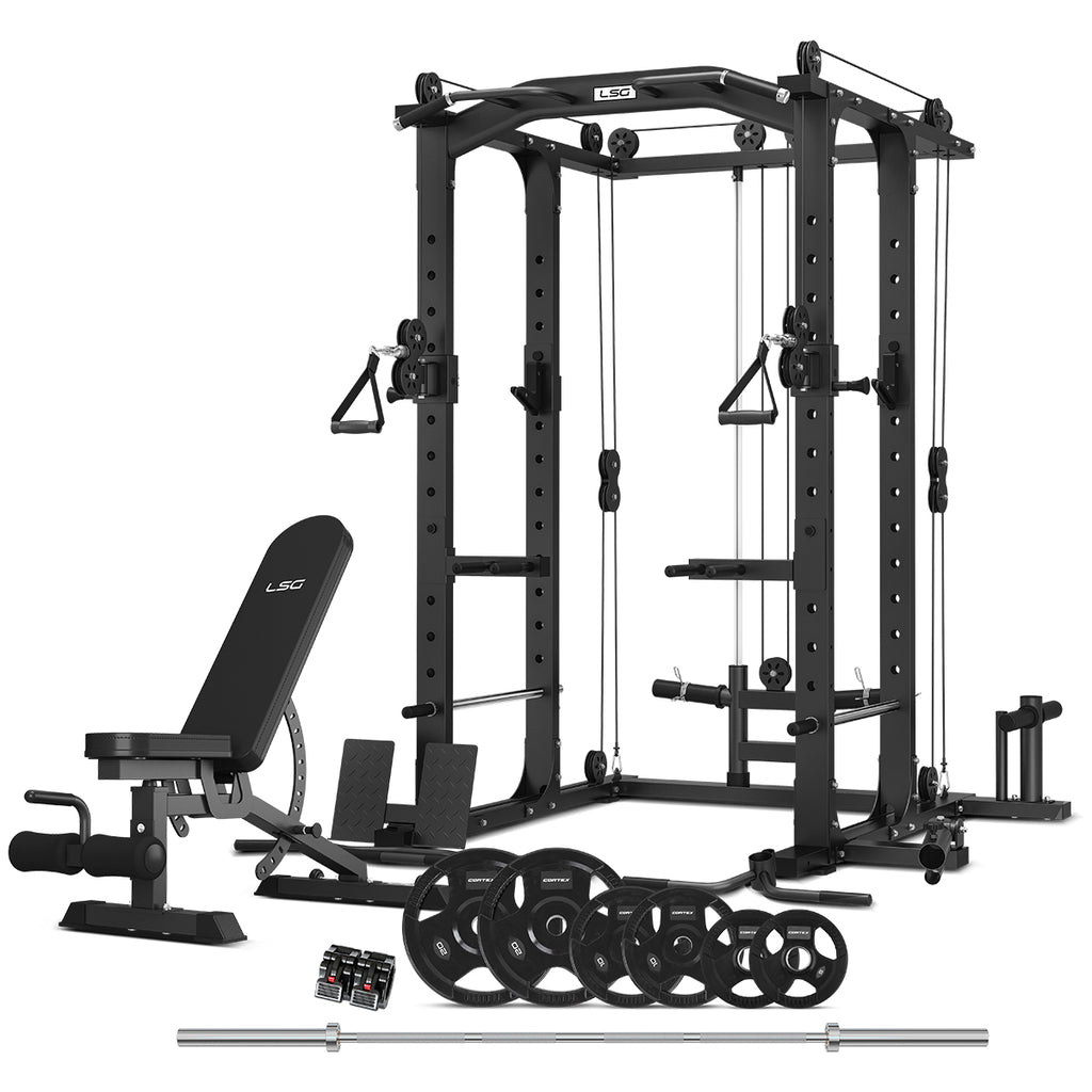 LSG GRK100 with FID Bench and 90kg Olympic Bars and Tri-Grip Weights