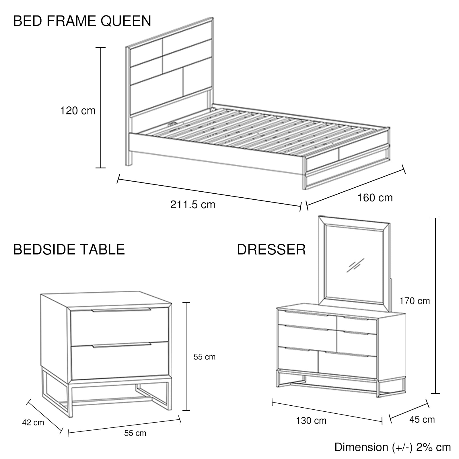 4 Pieces Bedroom Suite made in Solid Wood Acacia Veneered Queen Size Oak Colour Bed, Bedside Table & Dresser