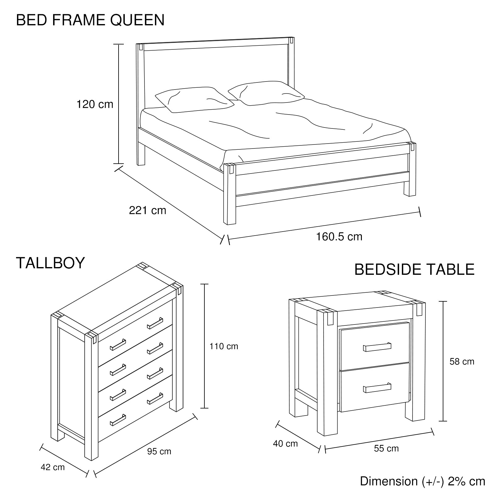 4 Pieces Bedroom Suite in Solid Wood Veneered Acacia Construction Timber Slat Queen Size Oak Colour Bed, Bedside Table & Tallboy